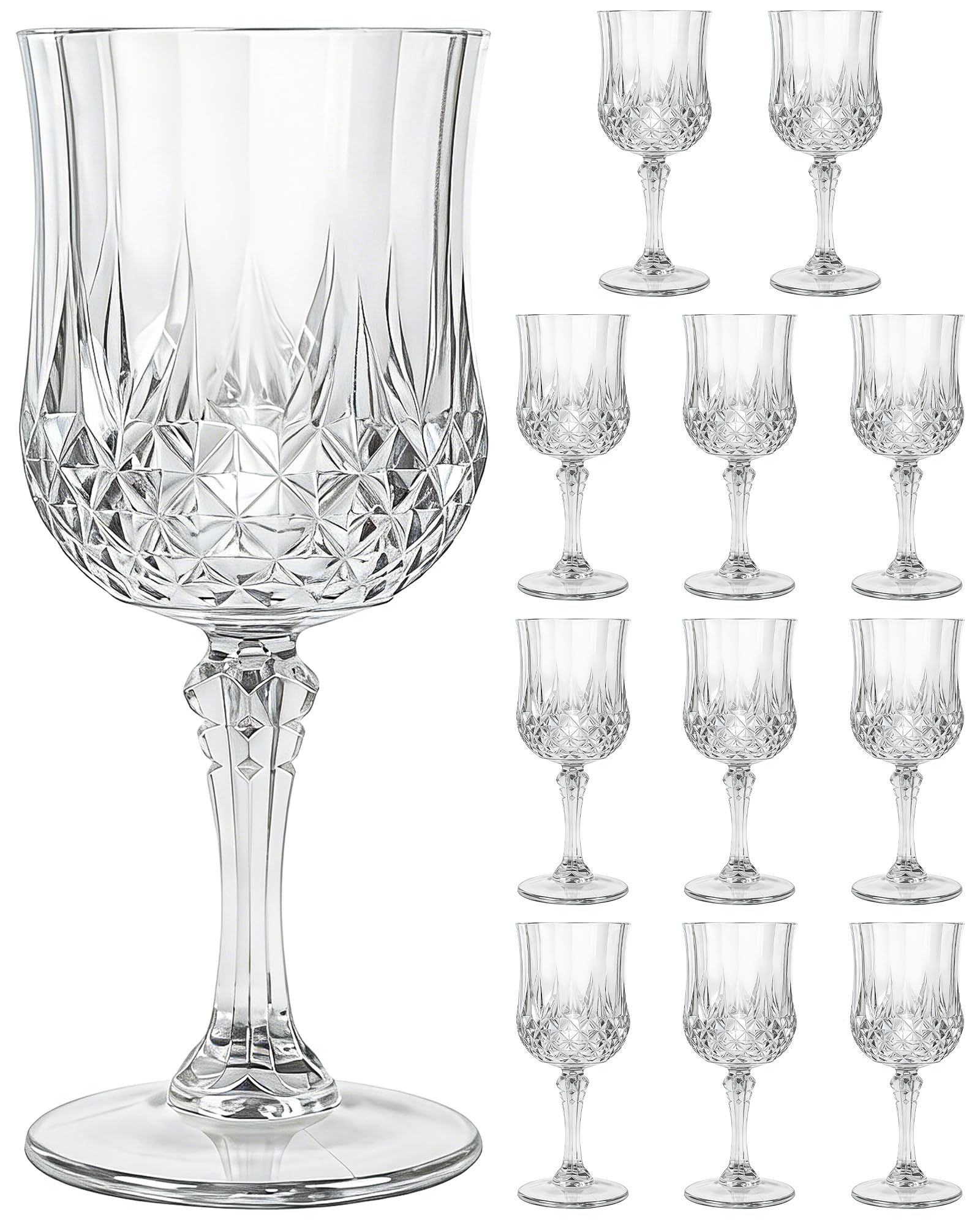 XYUNE 12 Pcs Plastic Wine Glasses, Clear Vintage Water Goblets 200ml Reusable Disposable Unbreakable Drinking Cups Bulk for Wedding Party Event