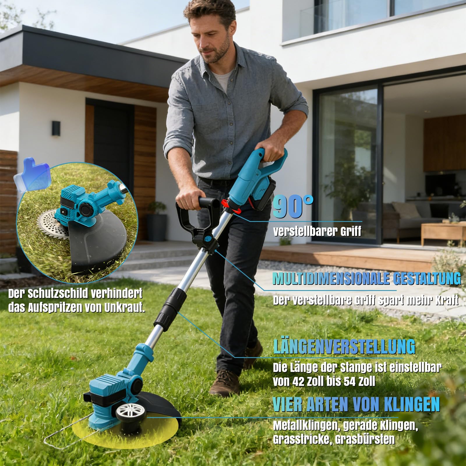 Akku Rasentrimmer für Makita Akkus, 4 in 1 Elektrischer Freischneider, mit 2 X 21V Makita Akkus & 4 Klingentypen, Rasenkantenschneider mit Verstellbarer Griff und Winkel des,für Garten und Rasen