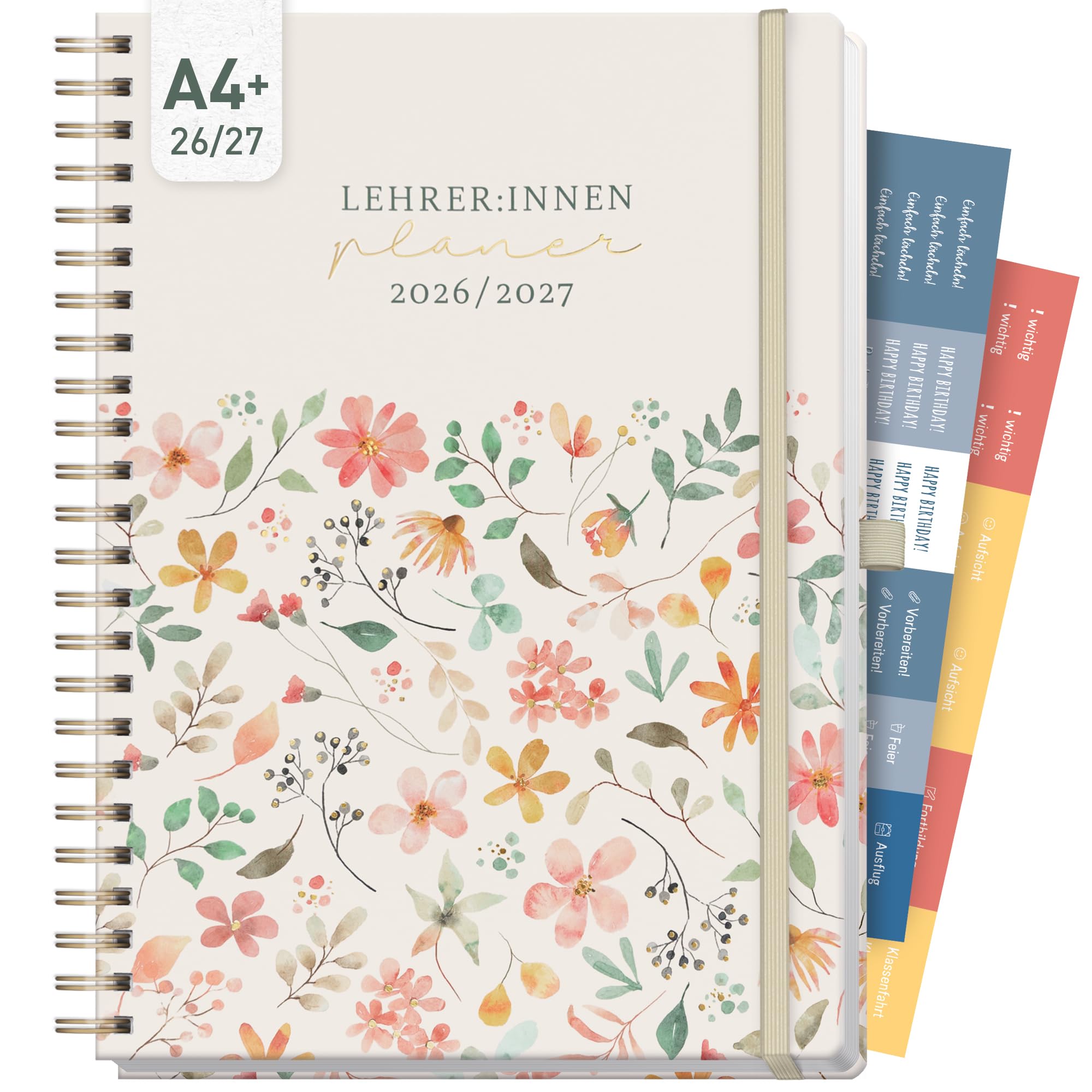 Häfft® Lehrerplaner 2026/2027 A4+ Deluxe – Großer Lehrerkalender & Schulplaner 26/27 mit Hardcover & Spiralbindung "Wild Blossoms" – Für Grundschule, weiterführende Schulen & Referendariat