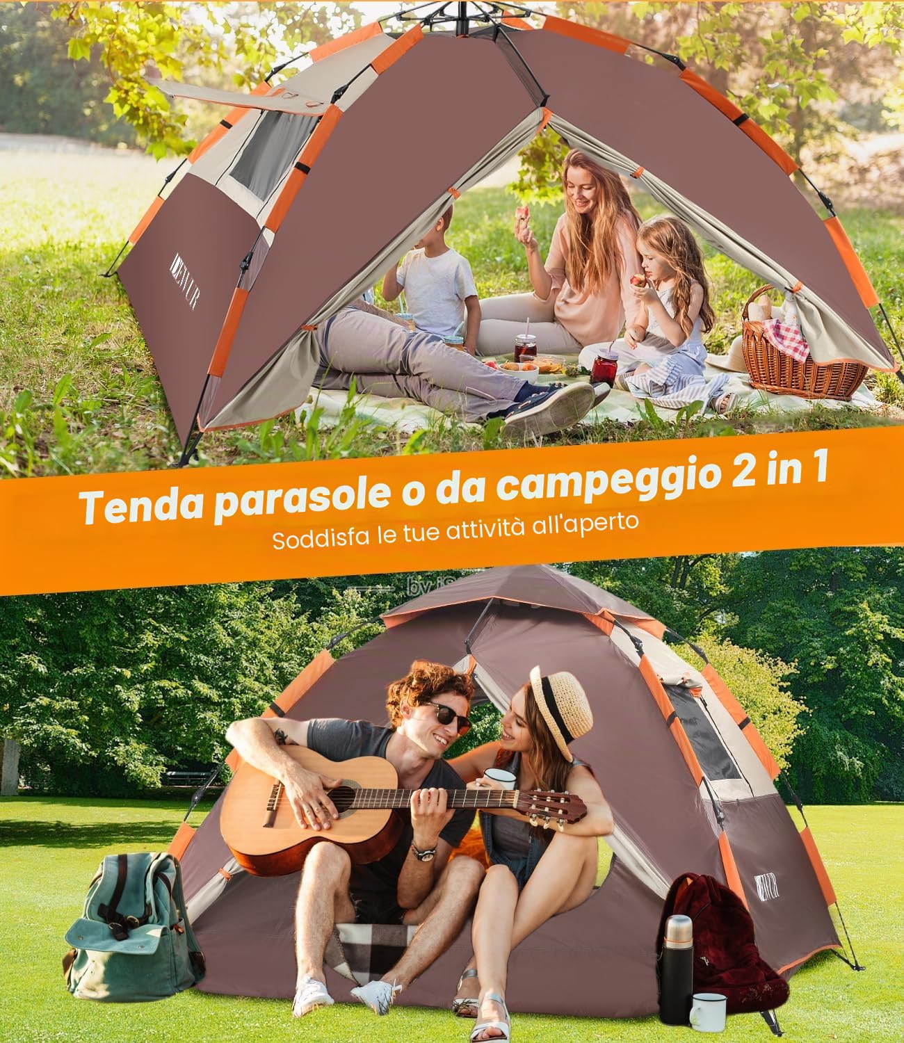 Dewur Tenda da campeggio, tenda pop-up per 4 persone, impermeabile, antivento con 2 porte in rete, finestra, 2 in 1, doppio strato, borsa per il trasporto per campeggio, escursionismo
