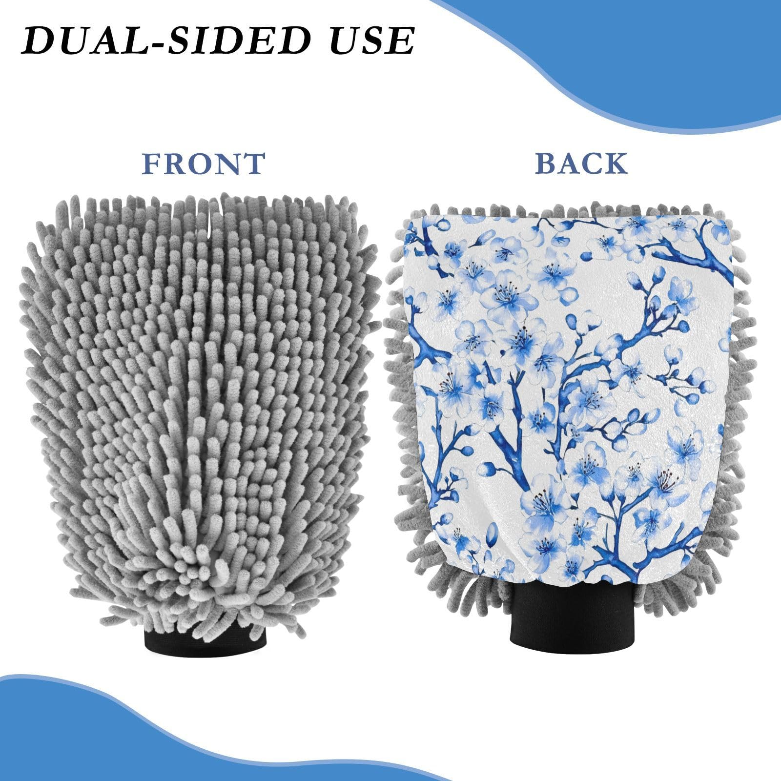 STAYTOP Blue Cherry Blossoms Car Wash Mitt Microfiber, 2Pcs Scratch Free Lint-Free, Premium Chenille Microfiber Mitt Car Wash Brush-L