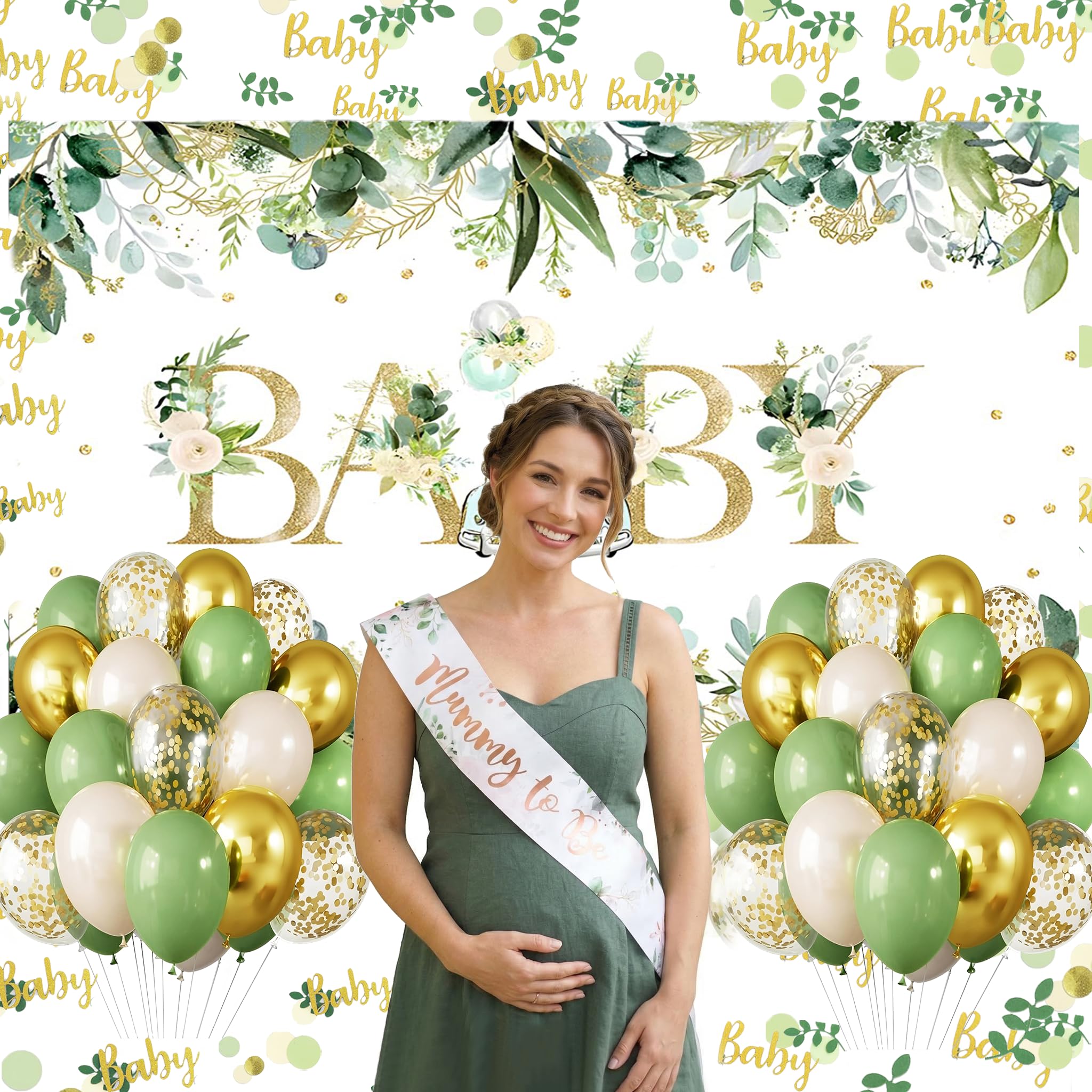Posoto Baby Shower Decorations - 132 Pcs Sage Green Party Decor with Eucalyptus Backdrop and Honor Sash - Gender Neutral Celebration Supplies