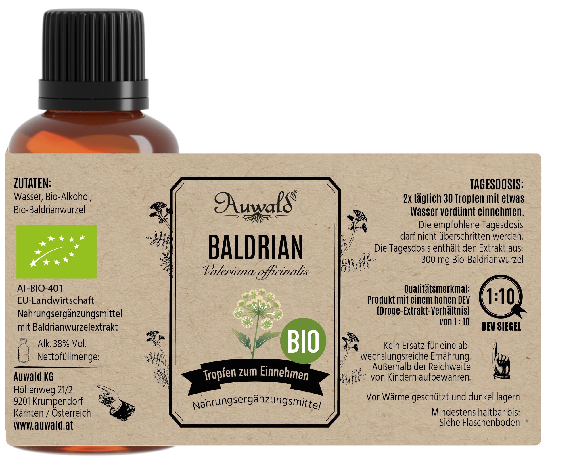 NEU! Auwald Baldrian Tropfen BIO – Hochwertiger Auszug, Extrakt, Essenz & Tinktur – 100% BIO Landwirtschaft, Frei von künstlichen Zusätzen und Farbstoffen, Hergestellt in Österreich – 100ml