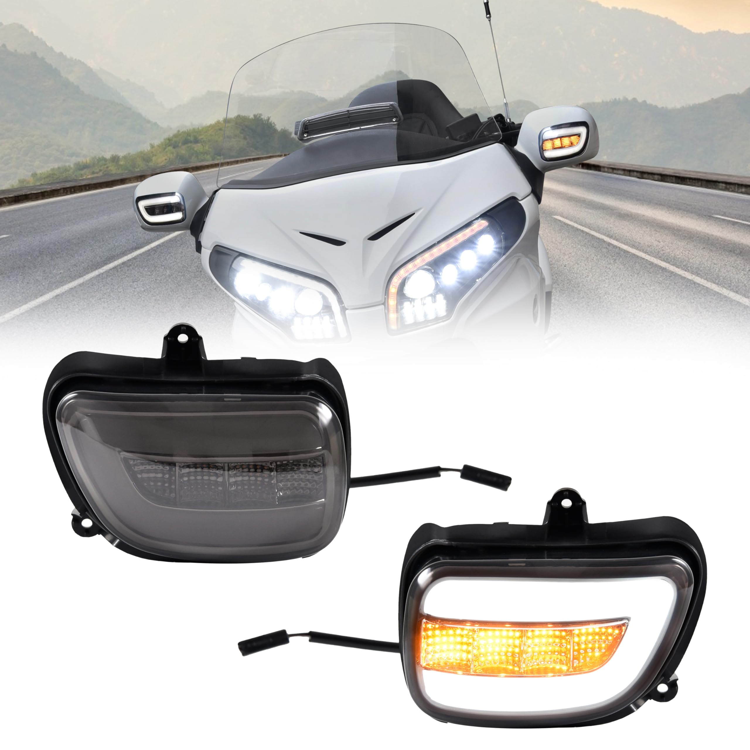 Rearview Side Mirrors LED Turn Signals for Goldwing GL1800, Smoked Lens Vehicle Reversing Mirror Turn Signal With DRL for Honda Gold Wing GL1800 2001-2017 Accessories