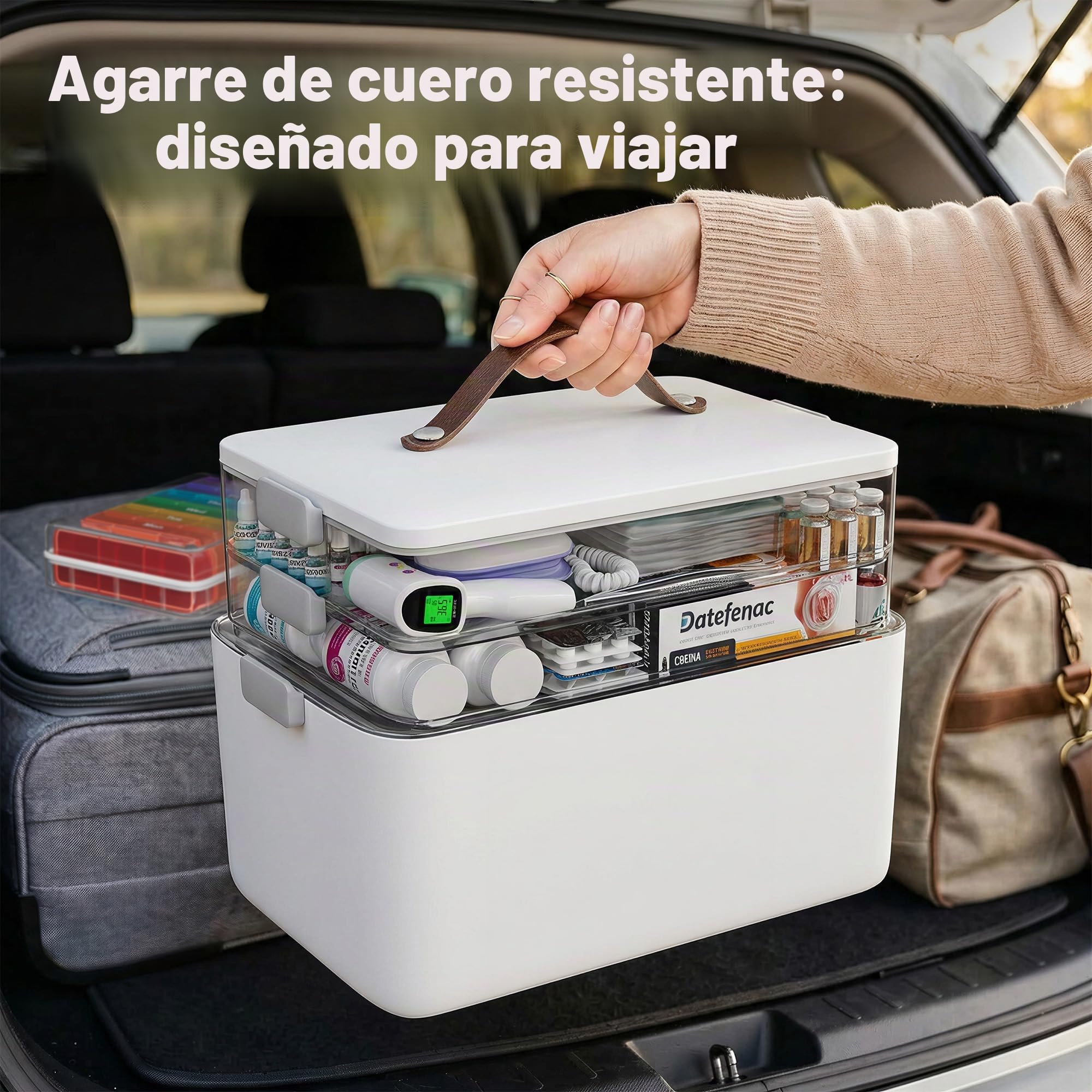 CTIME Caja de medicamentos de 3 niveles: portátil con asa de piel, ideal para el hogar y los viajes