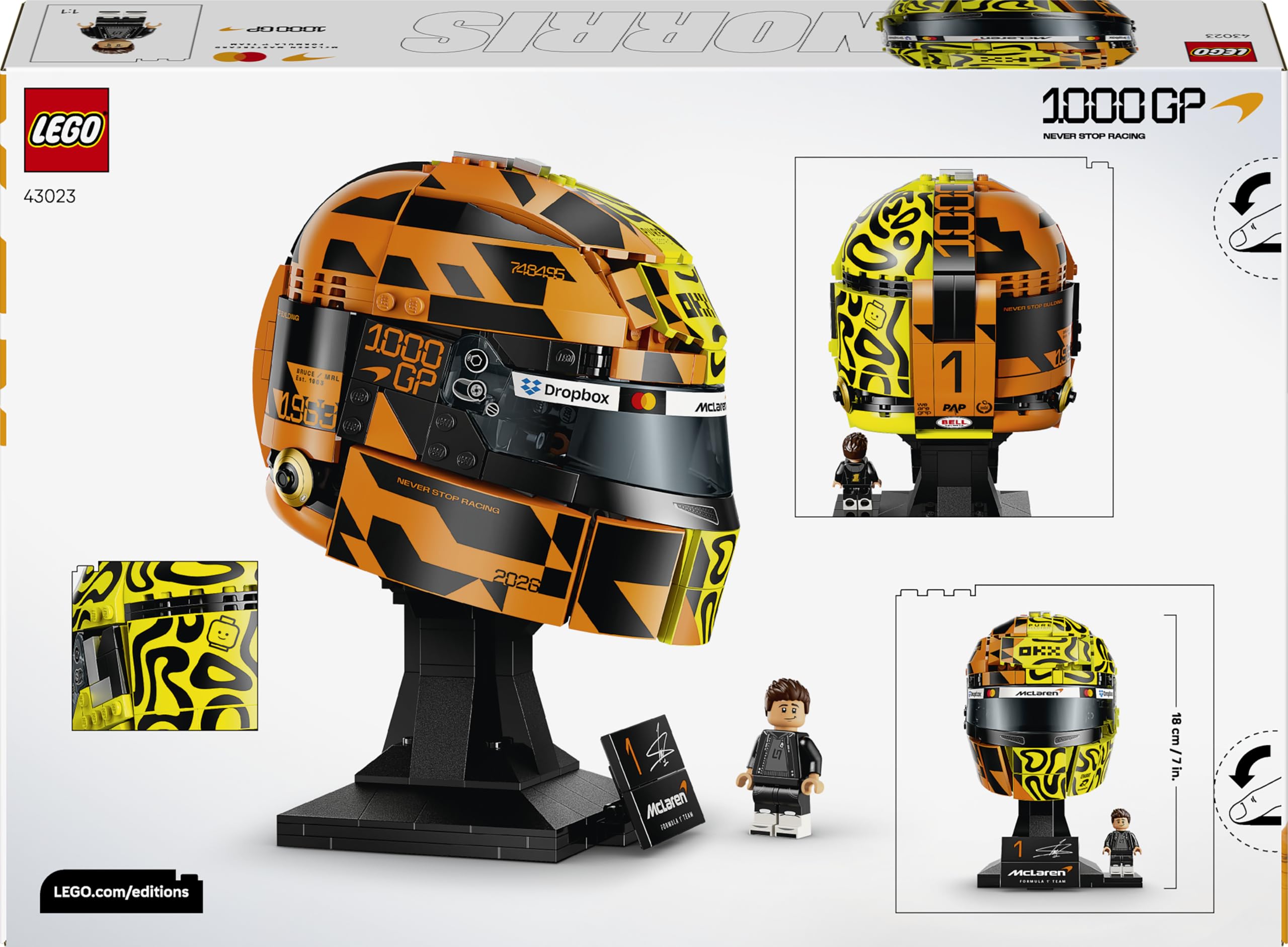 LEGO Editions Casco di Lando Norris McLaren Mastercard F1 Team - Gadget F1 - Kit di Modellismo con Minifigure da Collezione - Regalo per Ragazzi da 14 anni in su e Adulti Fan dei Motorsport - 43023