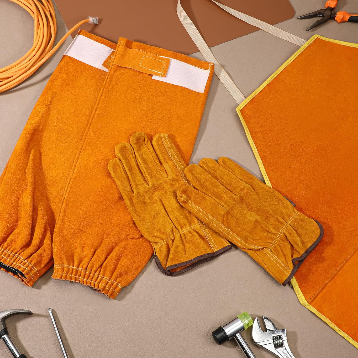 Welding Work Protectors Set, Including Heat & Flame Resistant Heavy Duty Welding Apron, Sleeves and Leather Work Gloves, Suitable for Safety Protection During Weldings Operations