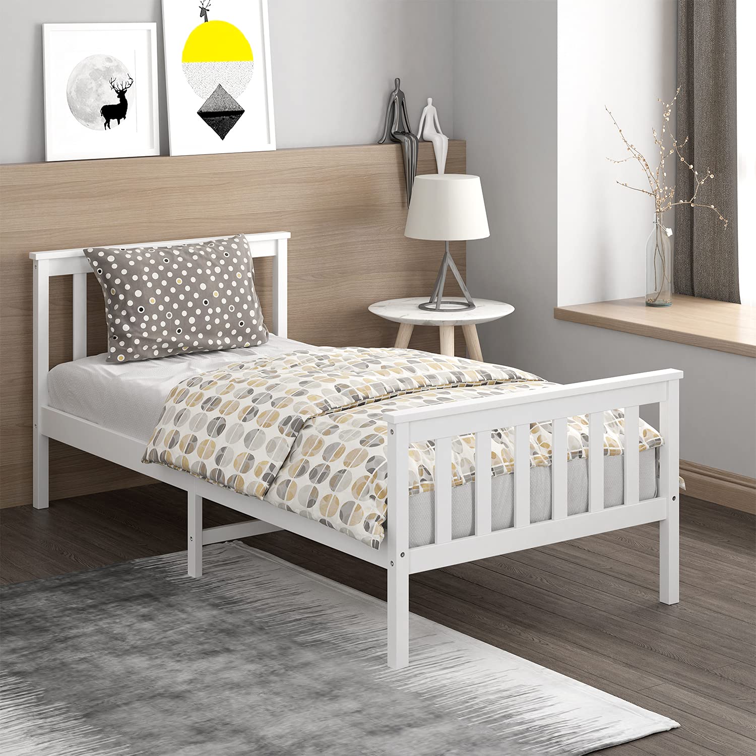 3ft Single Wooden Bed Frame, Solid Pine Bed Frame with Headboard and