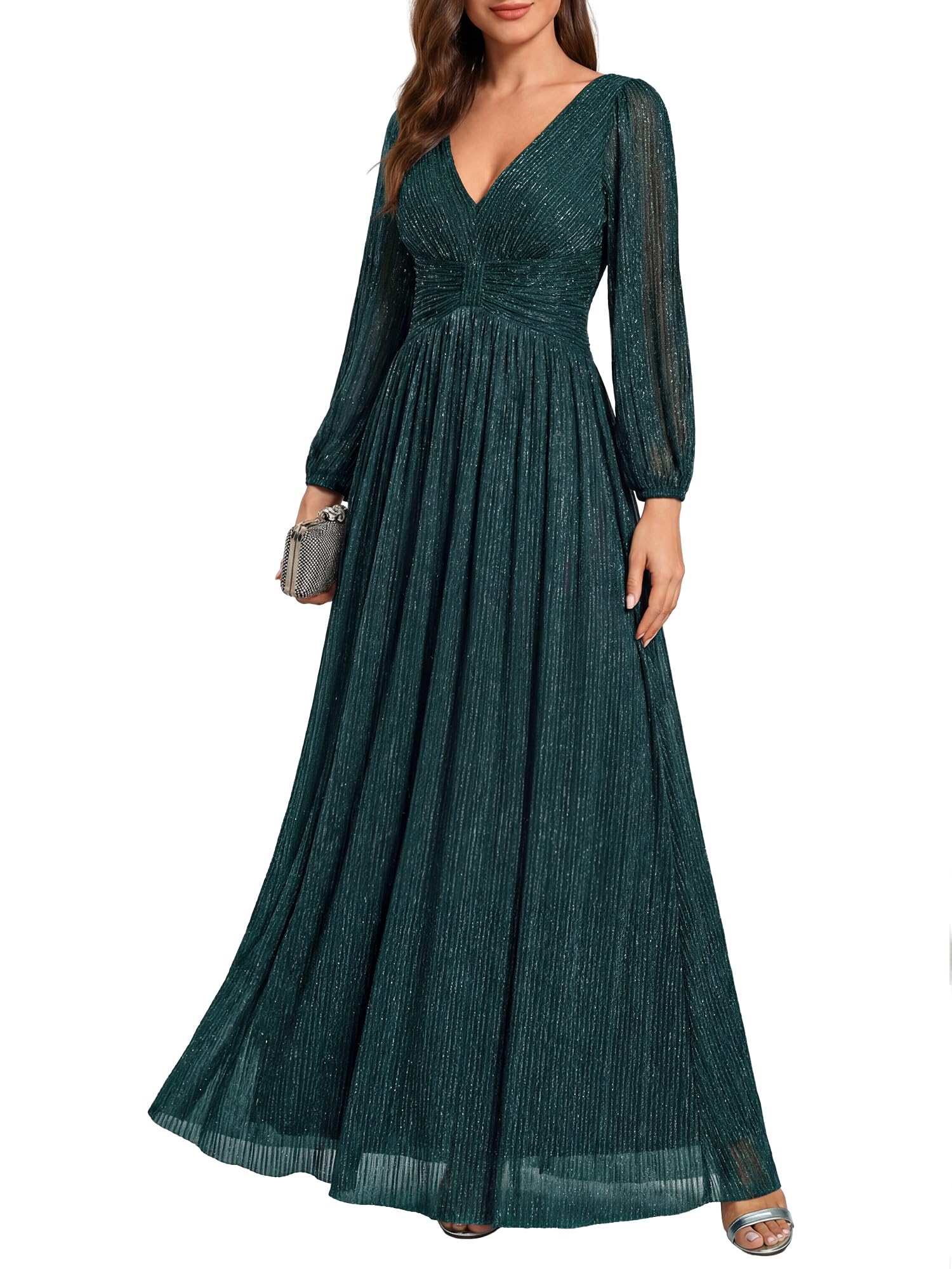 Ever-Pretty Women's A-Line Glitter Formal Dresses V-Neck Long Sleeves Floor Length Evening Gowns Mother of Bride Dress