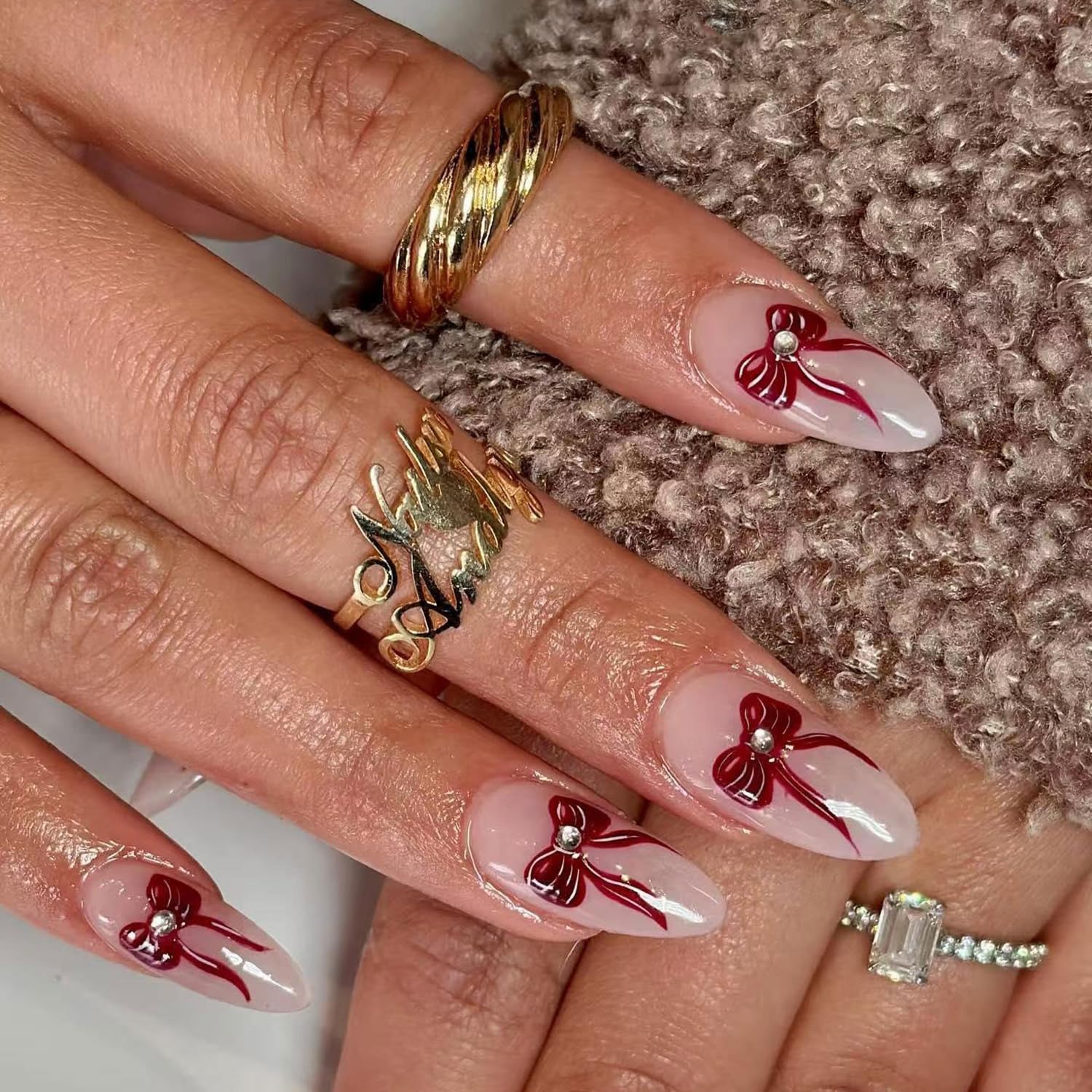 ZRETHFB 24Pcs Almond Shape Gel Bow Nails with Diamond Designs - Red, Full Cover, Press-On False Nails - 24pcs Set, 24pcs Jelly Glue, 1pcs Wood Stick,