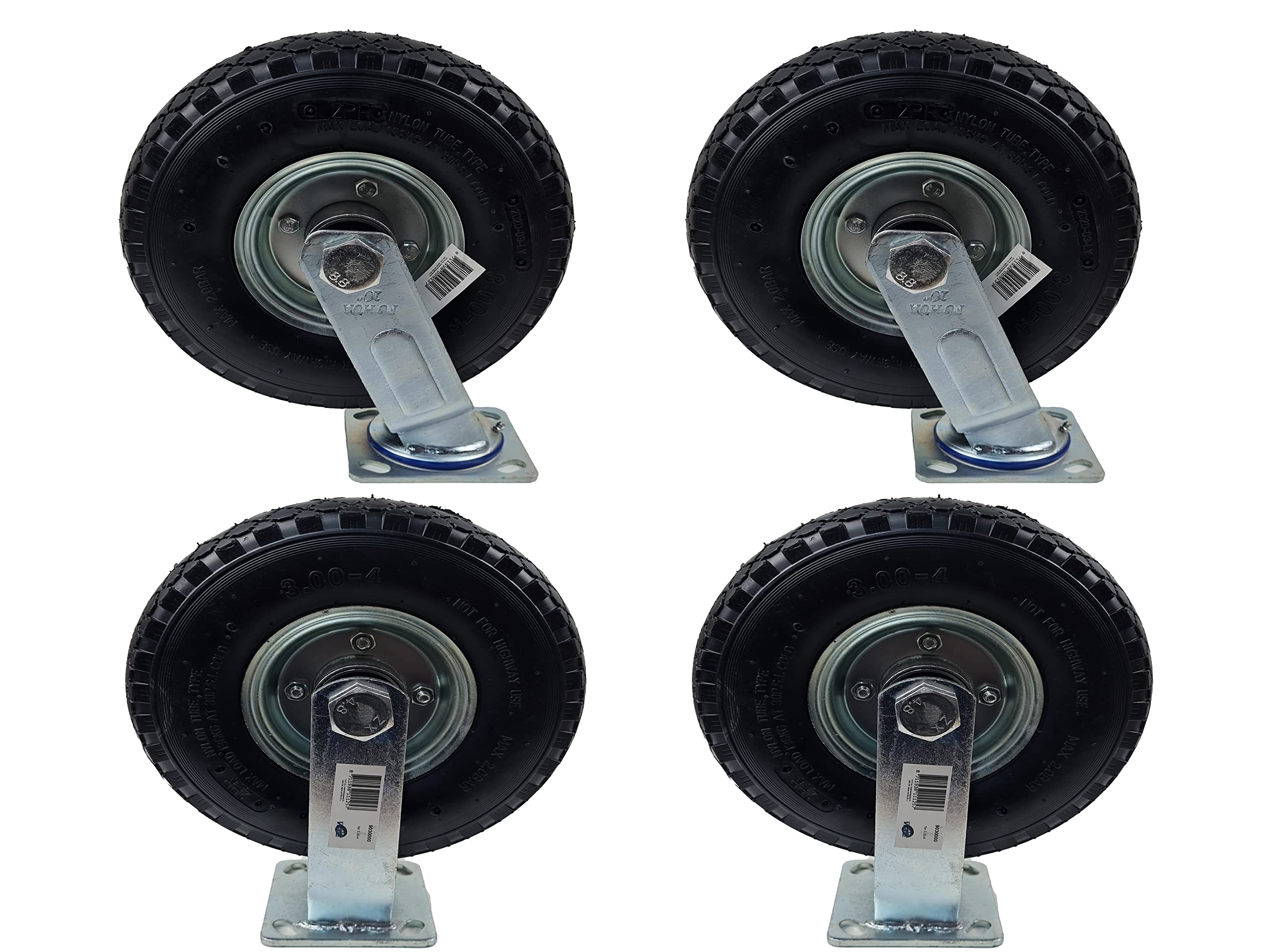 HKB ® 2x Lenkrolle + 2x Bockrolle 260 mm x 85 mm incl. jeweils einem Sackkarrenrad mit Metall-Felge mit Kugellager in der Felge. …