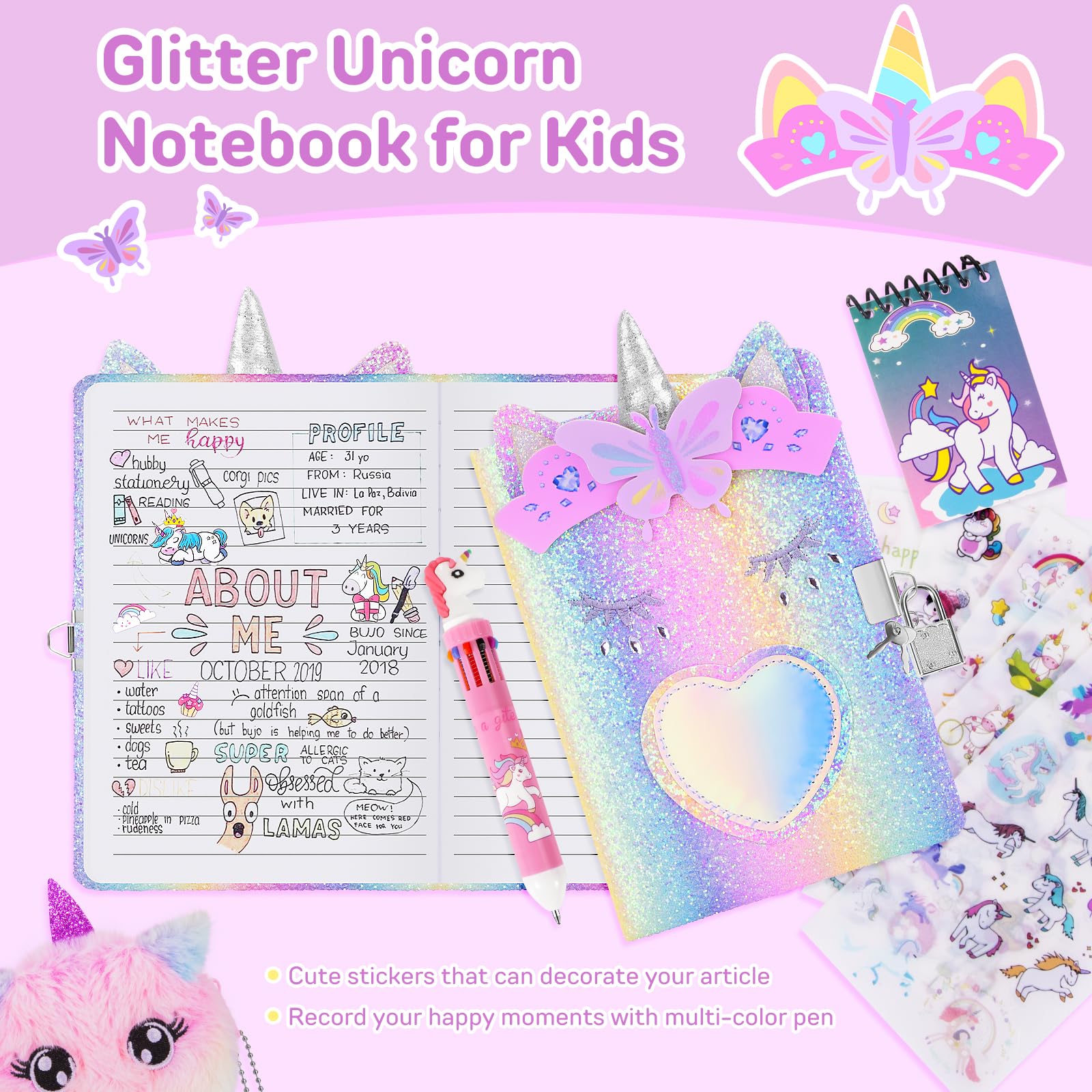 Cooyou Journal Intime Fille Avec Cadenas, Carnet Secret Pour Fille En Peluche Comprenant Une Cahier A5 Et Une Licorne Trousse à Crayons, Cadeau Licorne Pour Fille 4-12 Ans, Violet