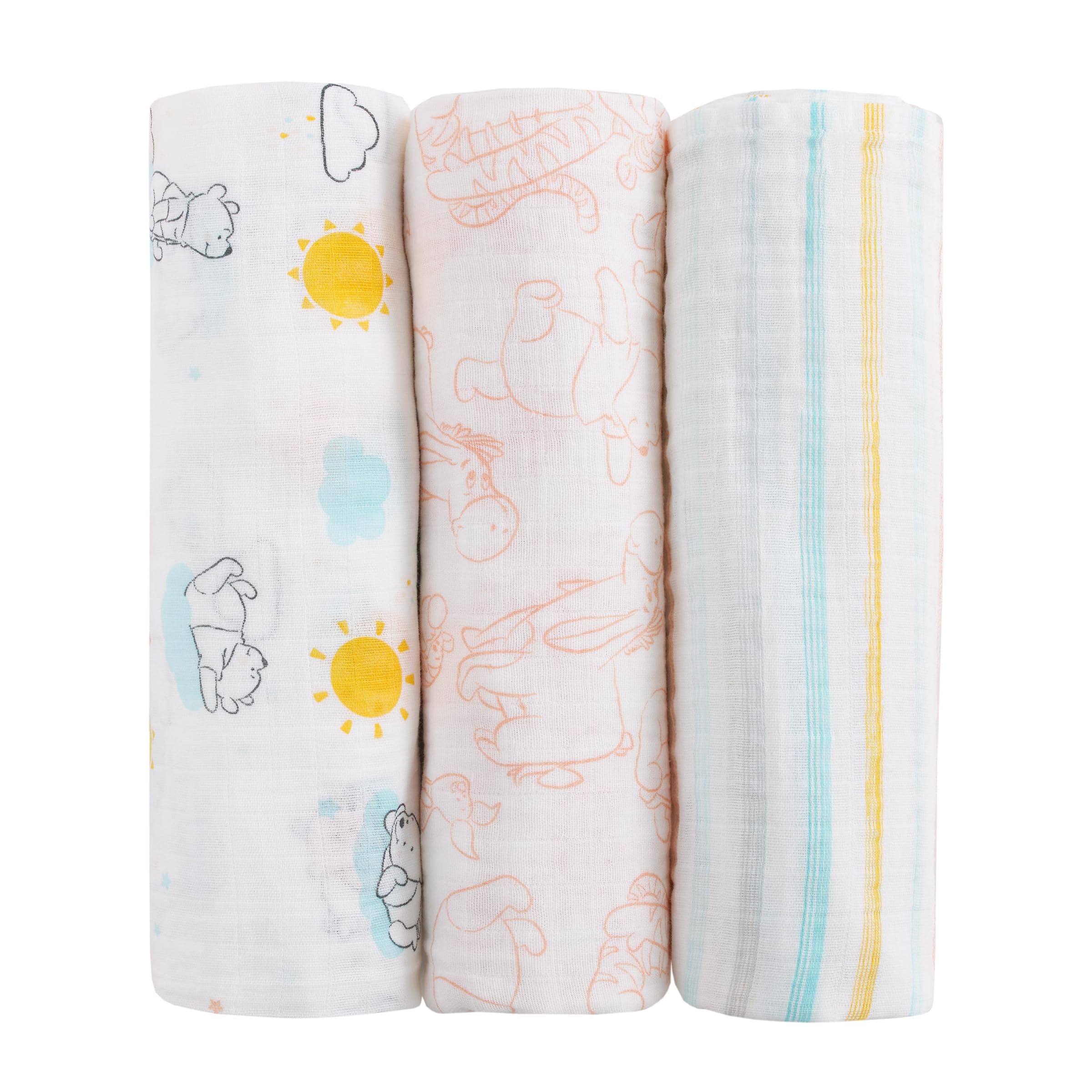 Disney Winnie The Pooh Yellow, Aqua, and White 3 Piece Muslin Swaddle Baby Blanket Set