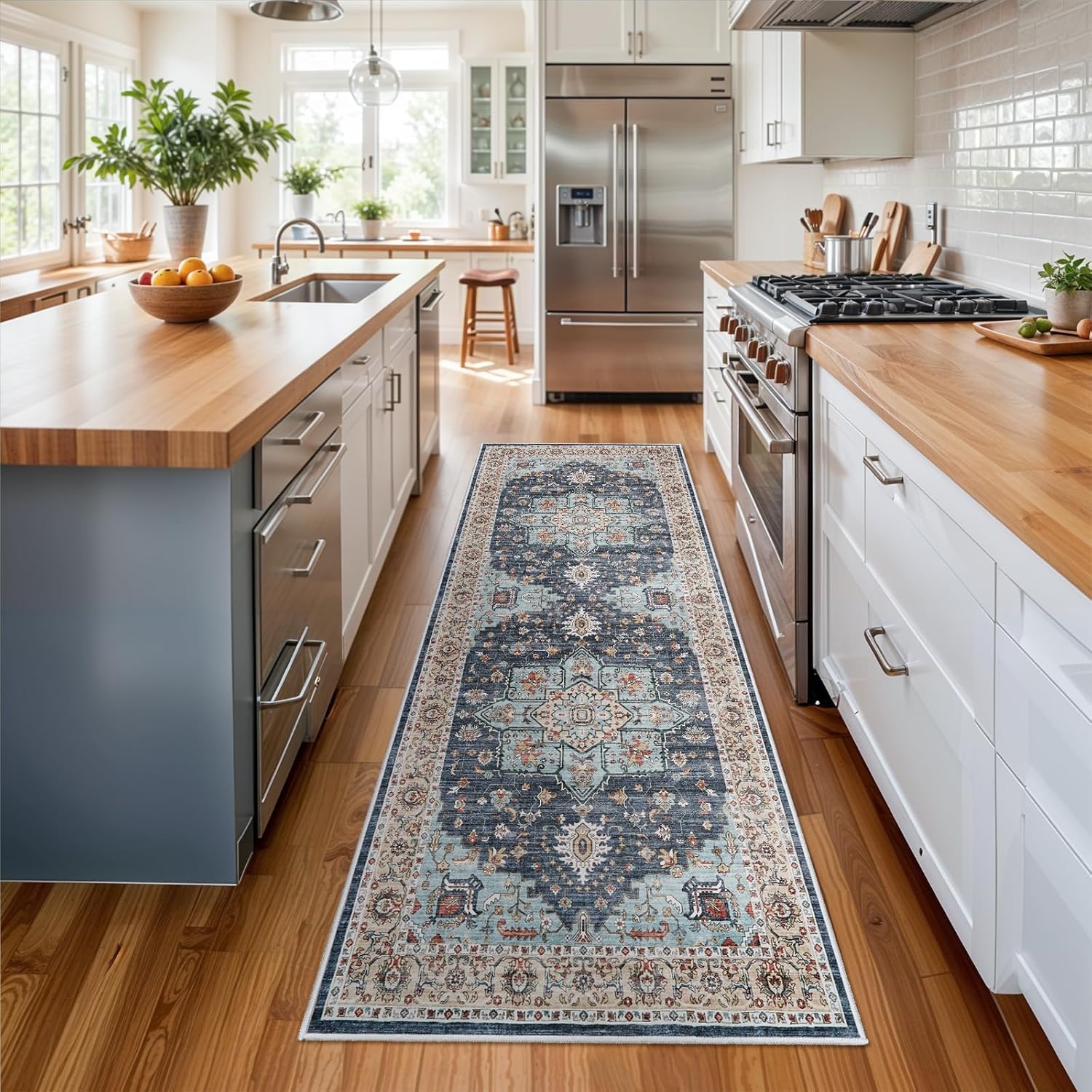 washable oriental hallway runner rug - 3x8 rugs for living room soft carpet for bedroom kitchen waterproof floral distressed indoor stain resistant non-shedding floor carpets (blue/teal/orange, 3x8) blue/teal/orange 3' x 8' (rectangular)