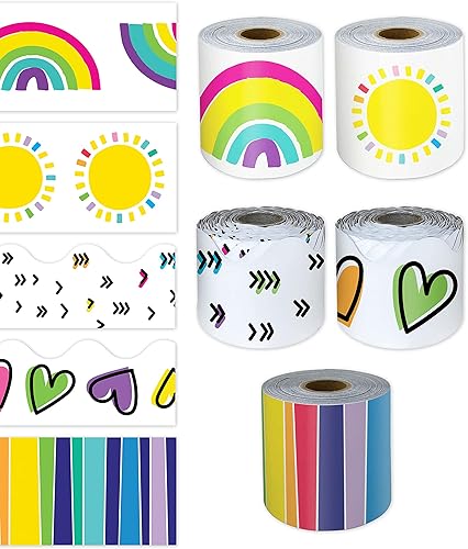 Carson Dellosa - Paquete de 5 bordes para tablón de anuncios Sunshine & Rainbow, 325 pies de corazón, sol y arco iris, bordes de aula para tablón de