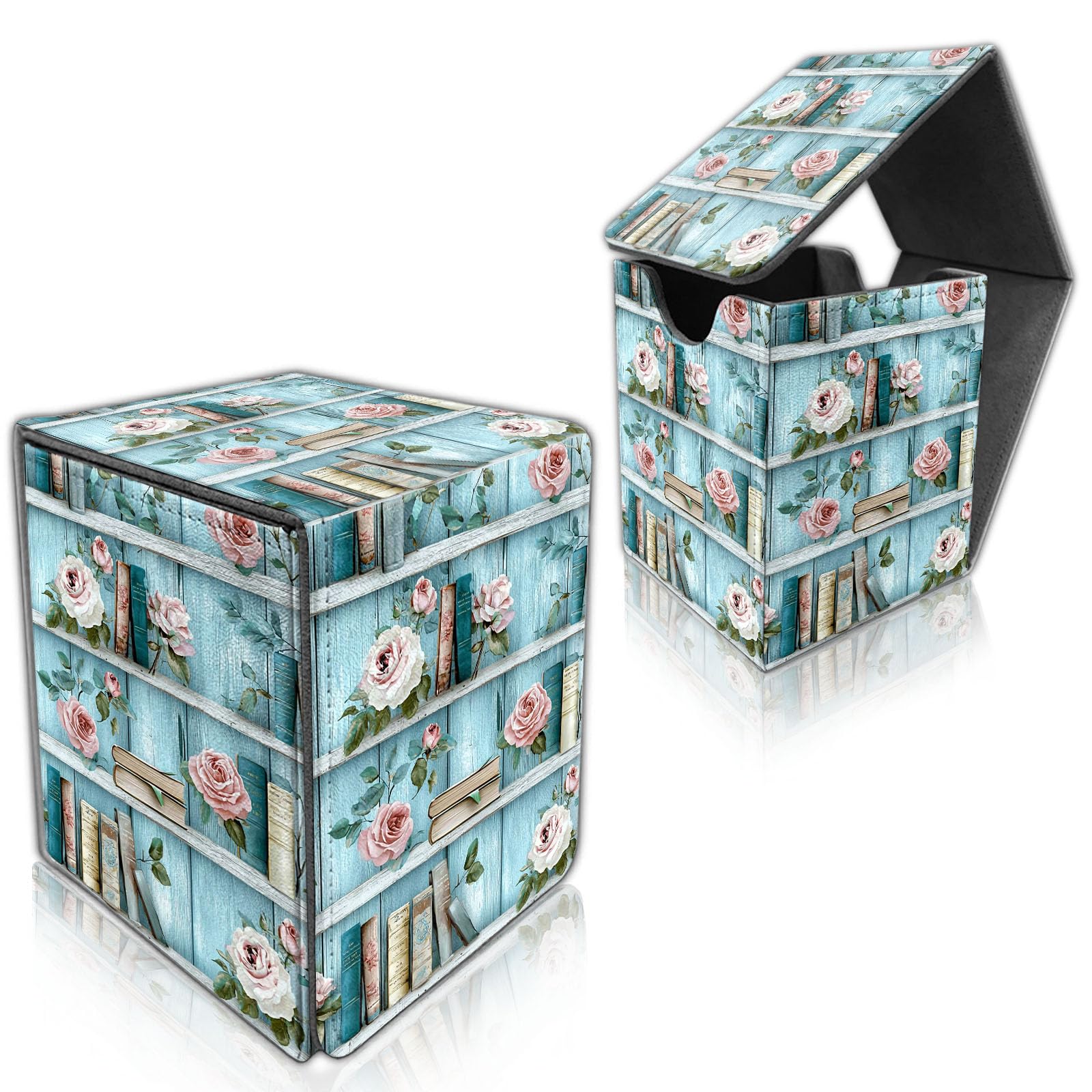 DISUOFEART for MTG Deck Box, Trading Card Storage Case Holds 100+ Sleeved Cards, Blue Bookshelves and Roses Magnetic Closure Durable Deck Holder for Magic The Gathering, TCG & Commander