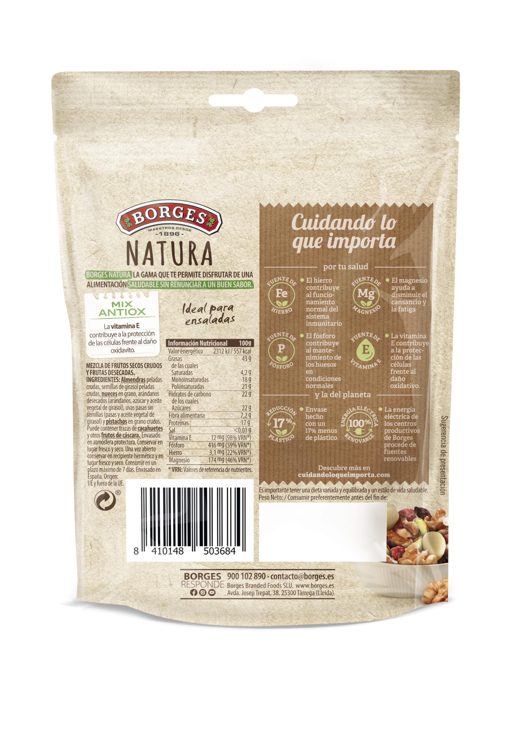 Borges Cocktail Variado de Almendras, Pipas, Nueces, Arándanos, Pasas y Pistachos Crudos Antiox 130g
