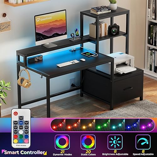 Miniatura 5 de Escritorio de computadora GreenForest con cajones y soporte para monitor, escritorio de oficina en casa con estantes de almacenamiento, escritorio