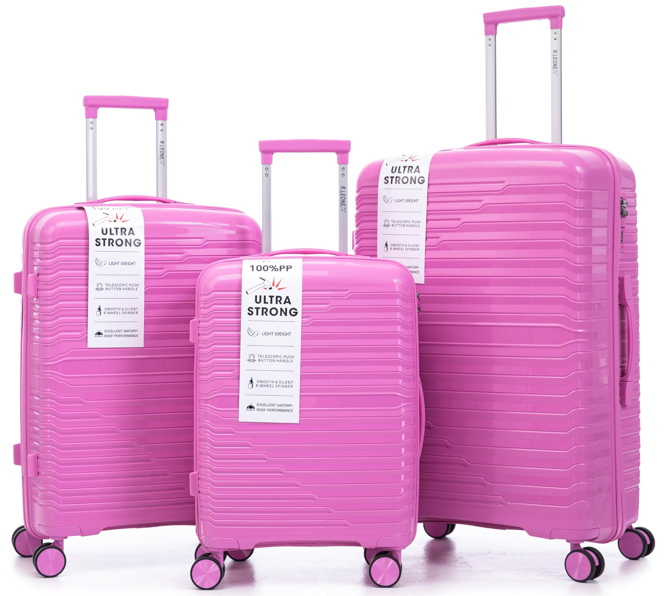 R.Leone Valigia da 1 Fino a Set 3 Bagaglio a mano 55x40x20 Ryanair, Medio, Grande Ultra Strong Antiurto Trolley leggero 8 ruote Polipropilene 6080 (Fucsia, M Valigia Media)