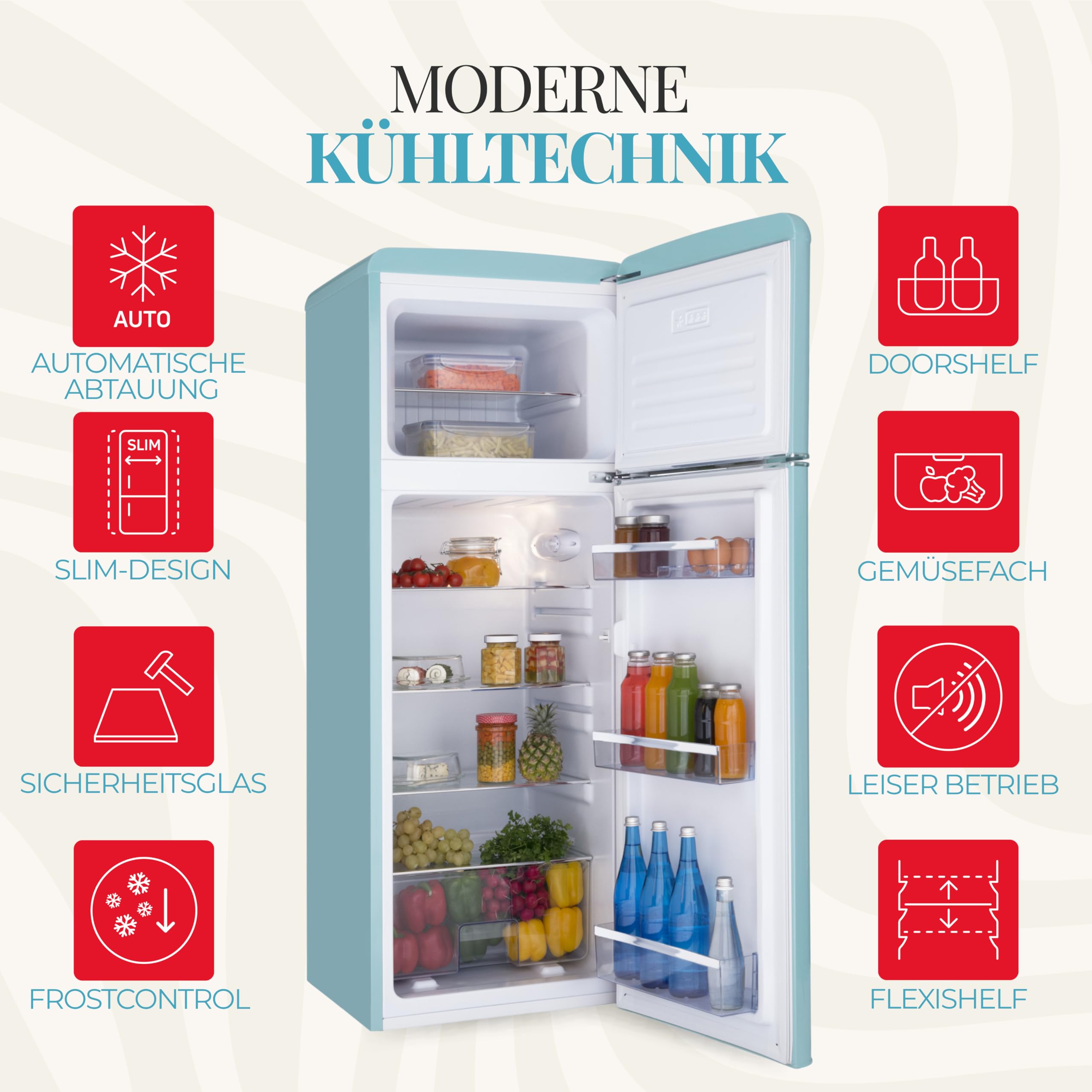 Amica KGC 15632 T Retro Kühl-/Gefrierkombination / Ice Blue (Türkis) / 144cm (H) x 55cm (B) x 62cm (T) / Retro-Design / Kühlschrank mit Gefrierfach