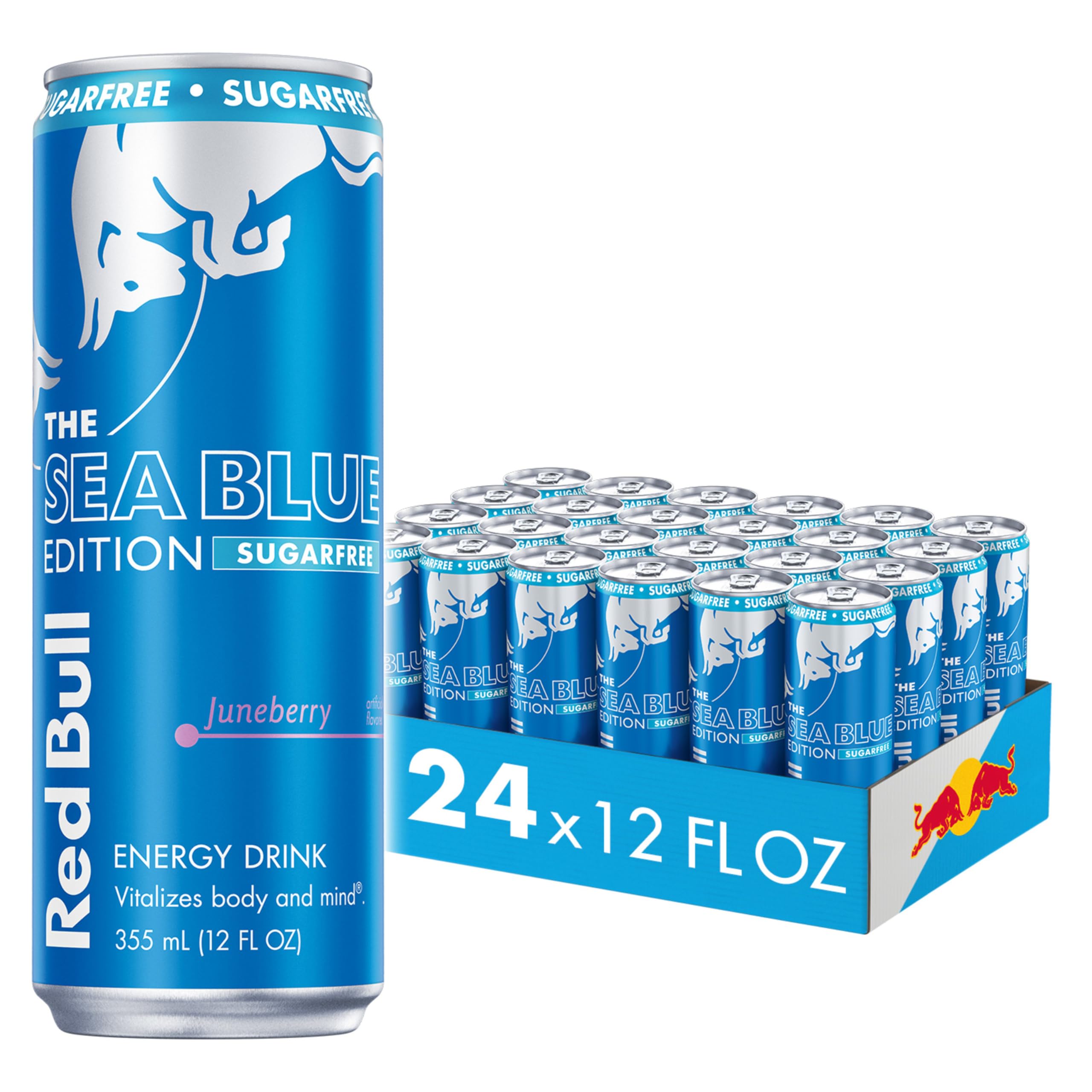 Red Bull Sea Blue Edition Sugar Free Energy Drink, Juneberry,12 fl. oz., Case of 24 cans, with 114mg Caffeine, Taurine & B Vitamins