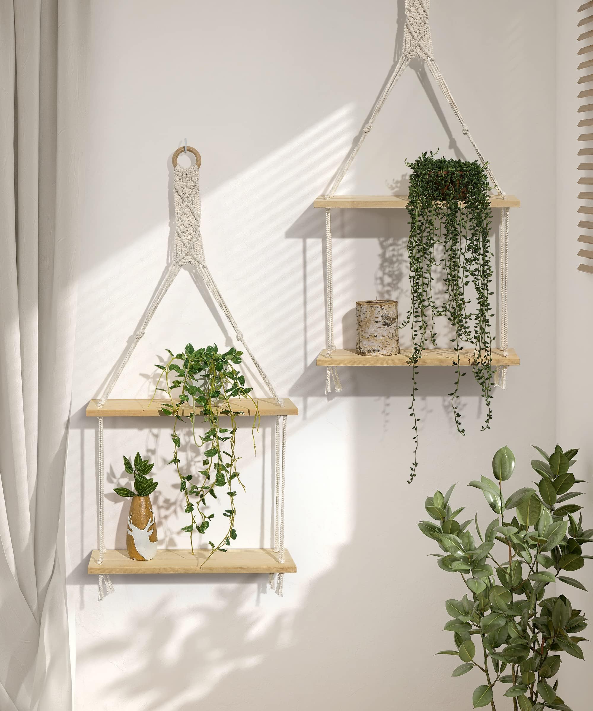 Boho Wandregale 2er-Set – Gewölbtes Holzdesign, Dunkelbraun, Für Wohnzimmer & Mehr