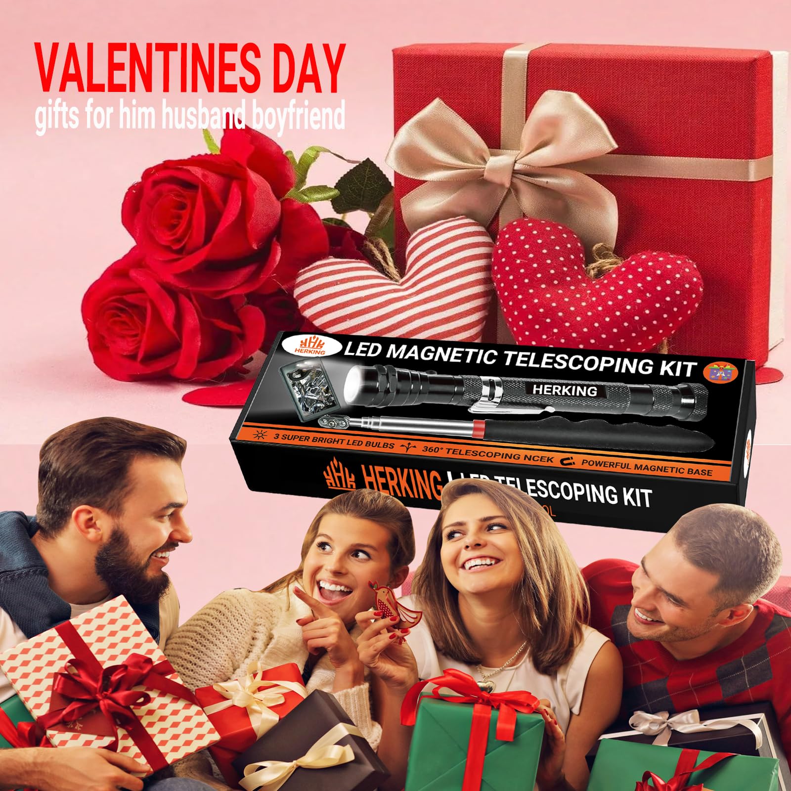Herramienta de recogida magnética con 3 luces LED, linterna magnética telescópica, regalos para hombres, regalos de cumpleaños para papá, padre, manitas, marido, novio o mujer, color negro
