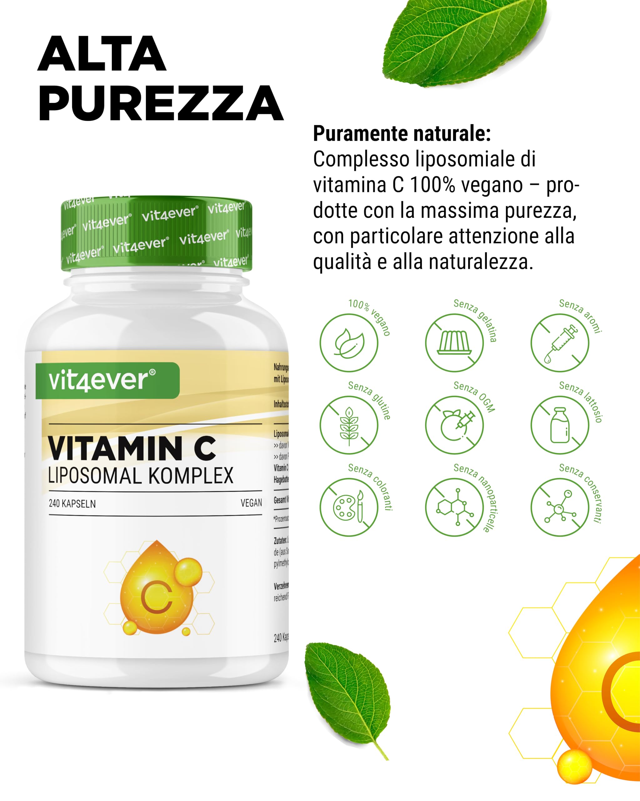 Vitamina C liposomiale - 240 capsule vegane - Premium: altamente dosata con 1000 mg di vitamina C pura al giorno - Biodisponibilità particolarmente elevata