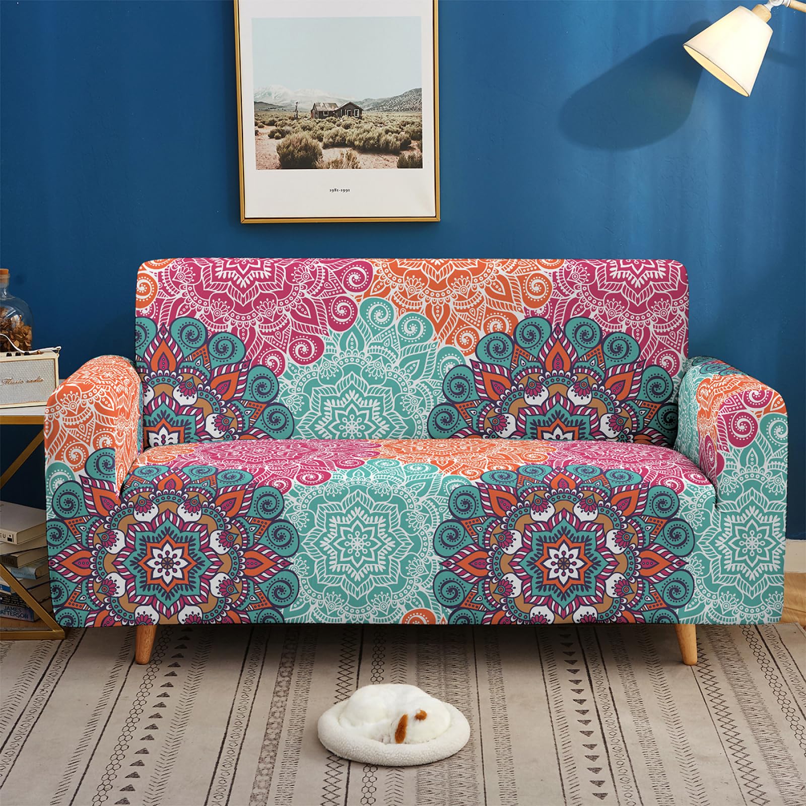 Housse Canapé 3 Places Style Mandala Housse Canapé Extensible 1 Places,avec Accoudoirs,Super Élastique Sofa Cover,Antidérapante,Antisalissure,Lavable