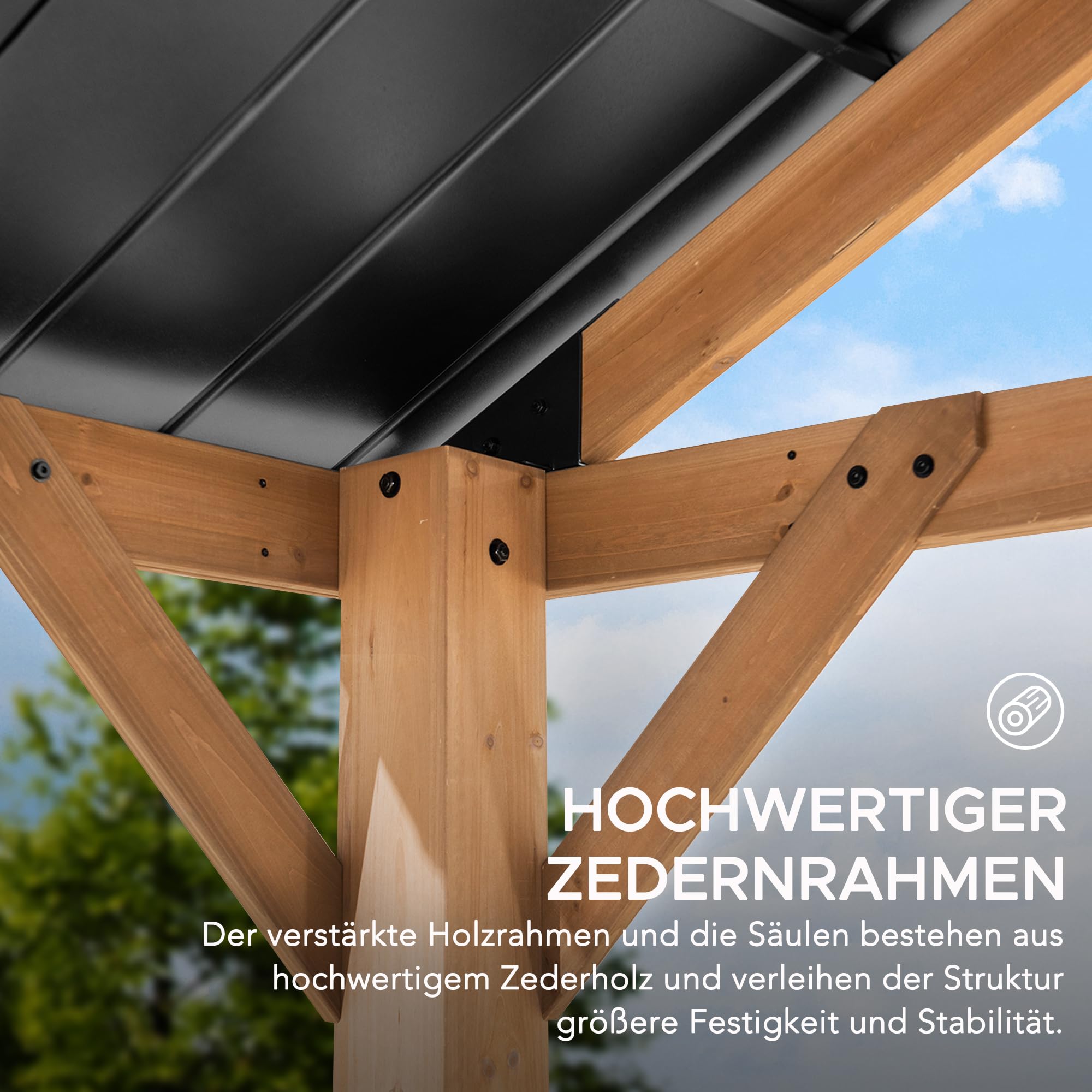 SUNJOY 4x3,36 m Holzpavillon aus Zedernholz wasserdicht, Wind- & schneefest, mit Satteldach aus Stahl, 14 cm starken Pfosten, robuster, dauerhafter Pavillon für Terrasse, Garten