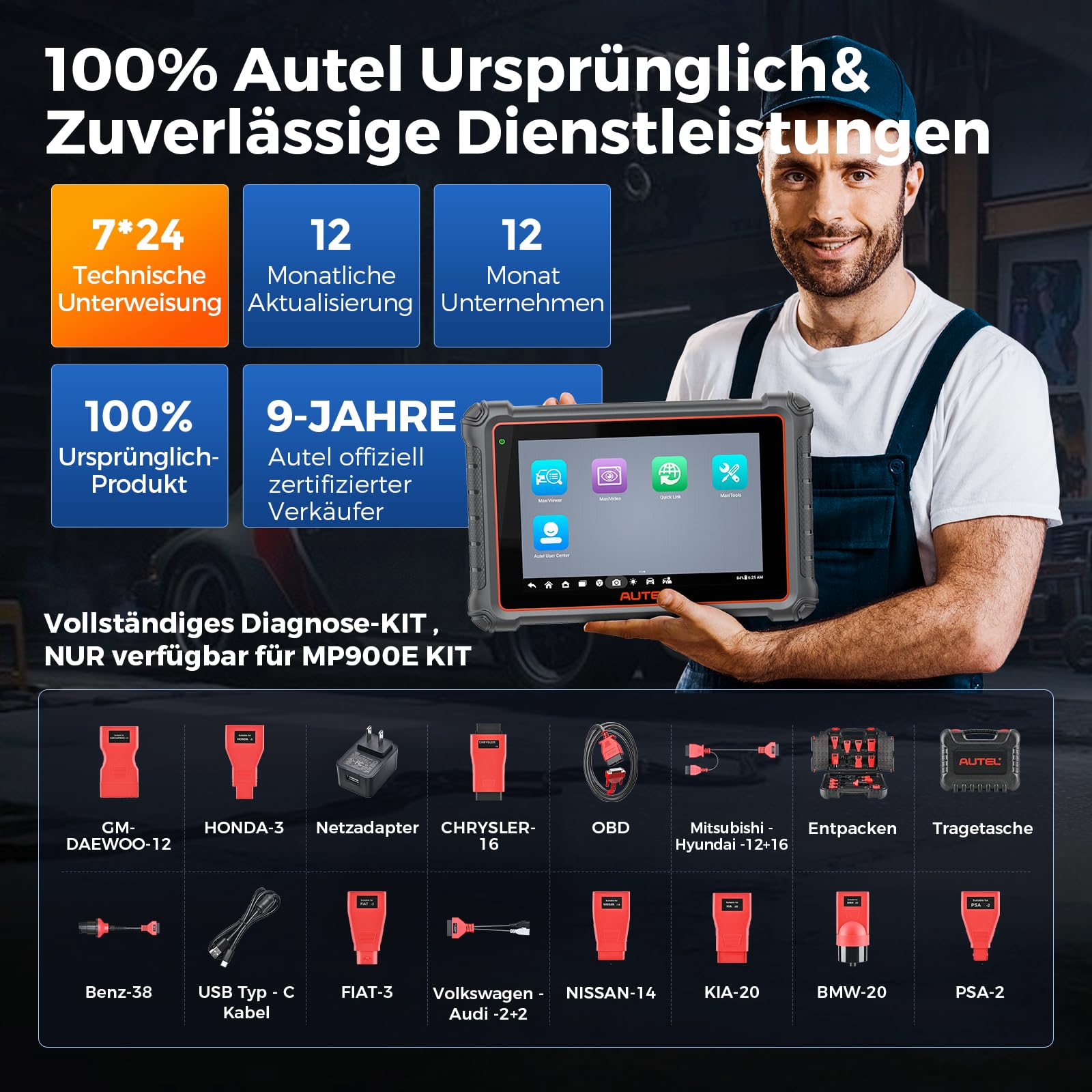 Autel MaxiPRO MP900E KIT OBD2 Diagnosegerät, 2024 Aufstockung von MP808BT KIT/MP808BT Pro/MS906BT w/ 11 Non-OBDII Adapter Kit, DoIP CAN-FD, 40+ Dienst, ECU Kodierung, Bi-Direktionaler Test, FCA SGW