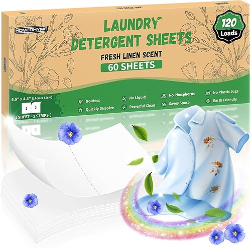 HOMERHYME Laundry Detergent Sheets - Fresh Linen Scent 120 Loads (60 Sheets),Plastic Free,Laundry Detergent Strips for Travel,Dorms,