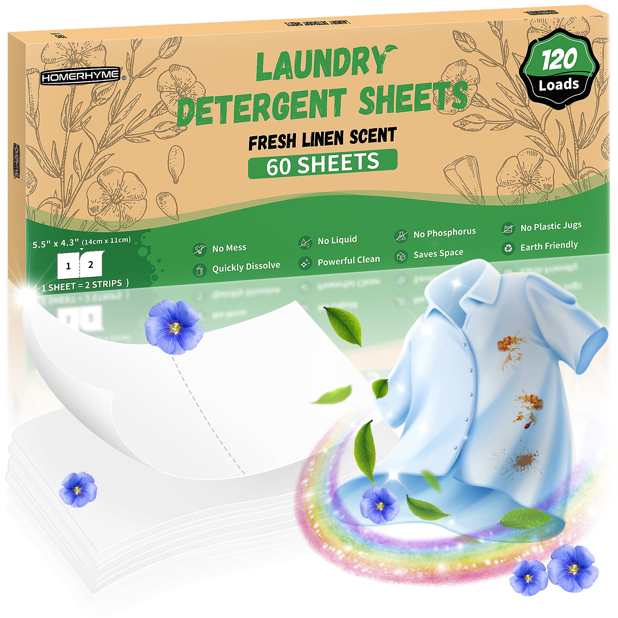 HOMERHYME Laundry Detergent Sheets - Fresh Linen 120 Loads Laundry Sheets Detergent Bulk Travel Laundry Detergent Eco Friendly