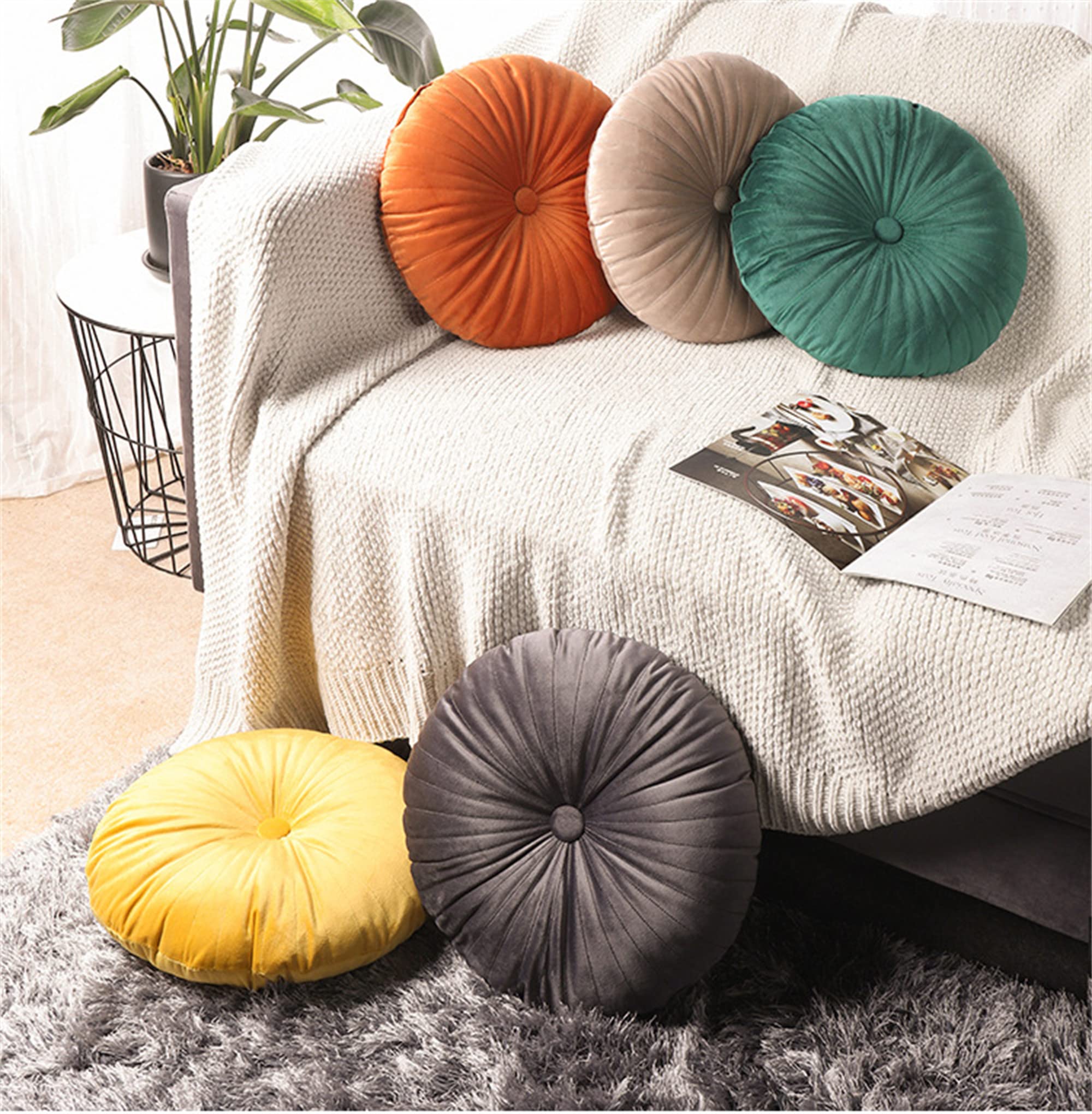 LANFIRE Cojín Redondo de Calabaza - Decorativo para Piso, Silla, Sofá y Cama (35CM, Verde)