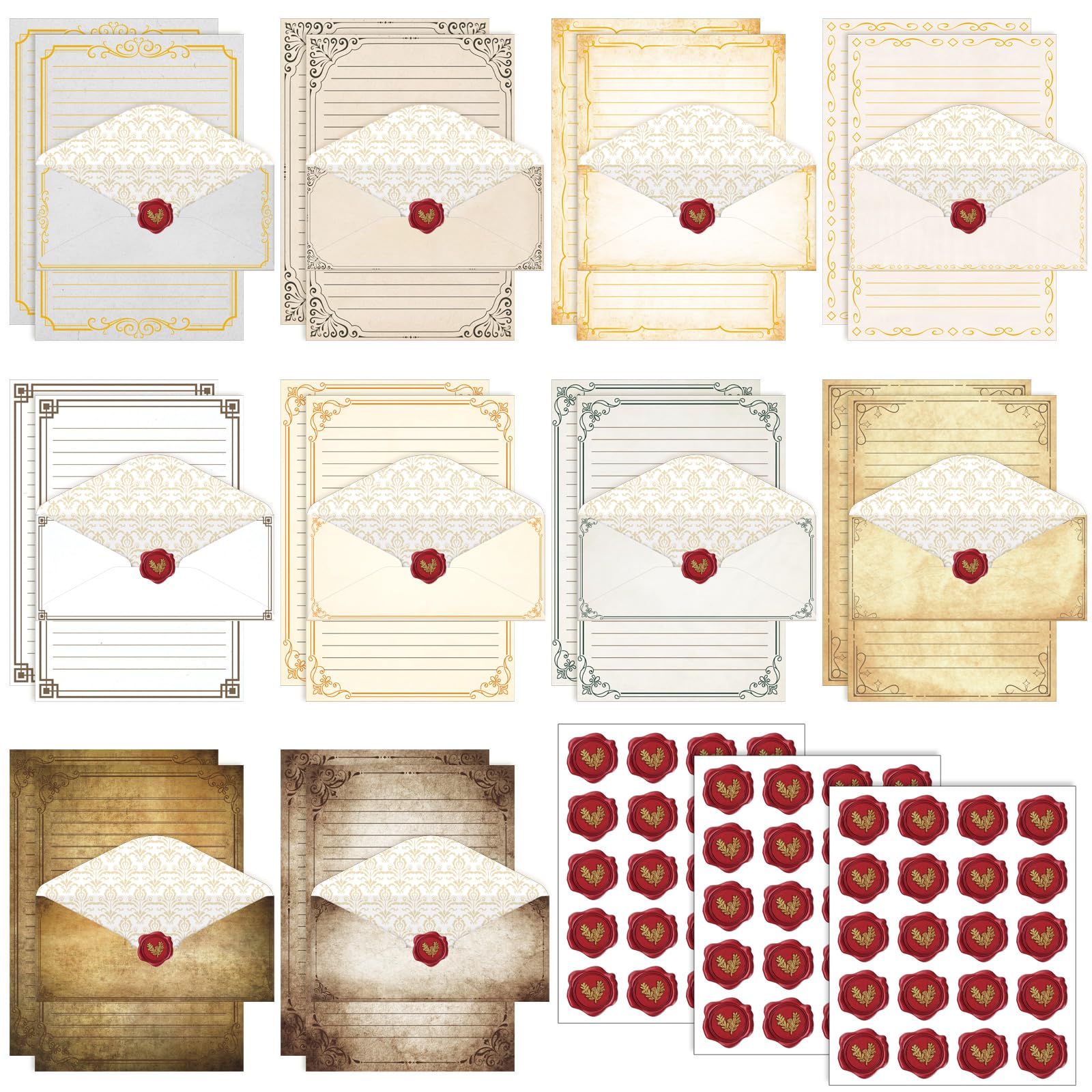 TaoBary 160Pcs Stationery Paper Set 50 Double Sided Stationery Papers with 50 Matching Envelopes and 60 Round Dot Sticker, 10Design(Retro,8.5 x 11 Inch)