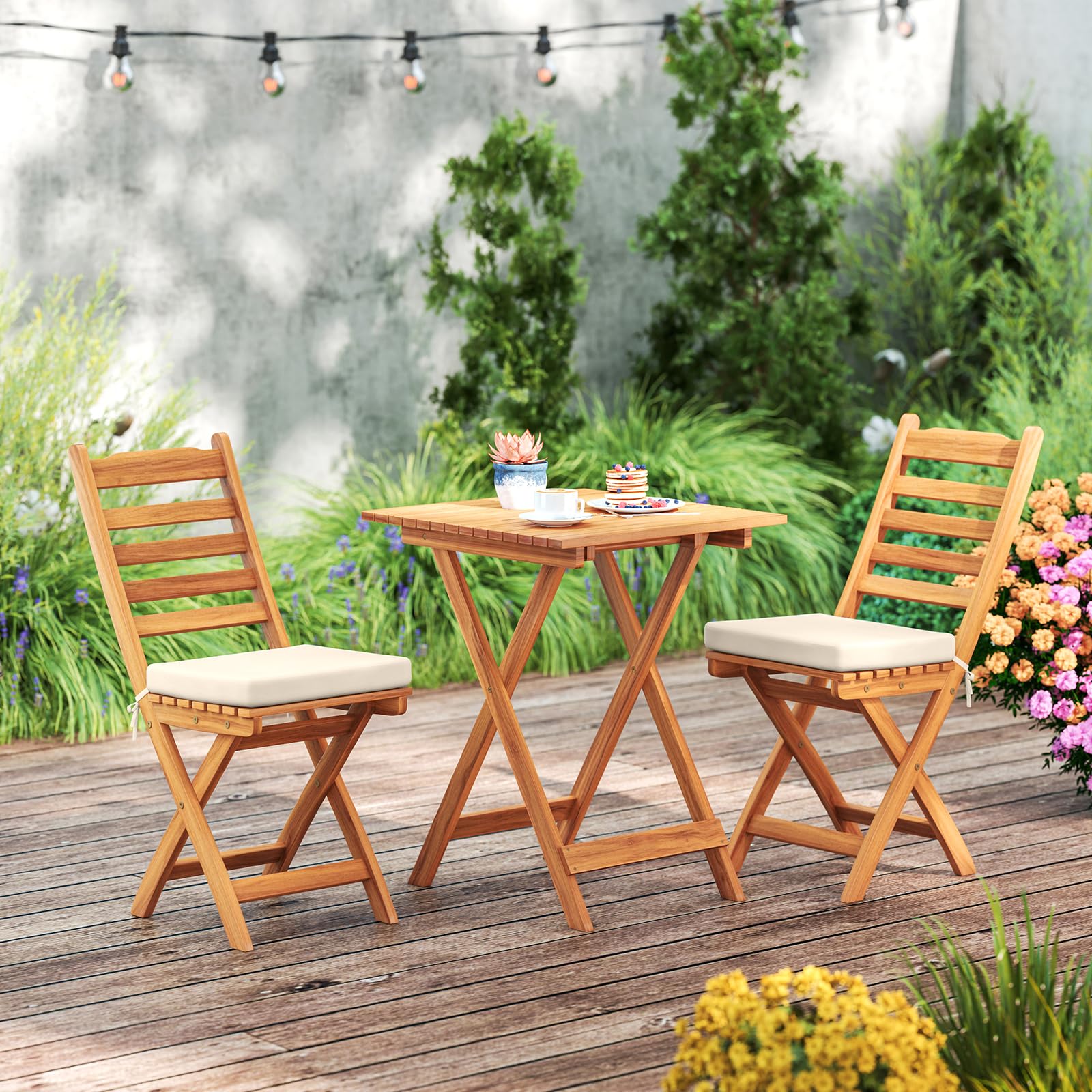 KOMFOTTEU Salon de Jardin en Bois d'Acacia 3 Pièces Pliable pour Balcon