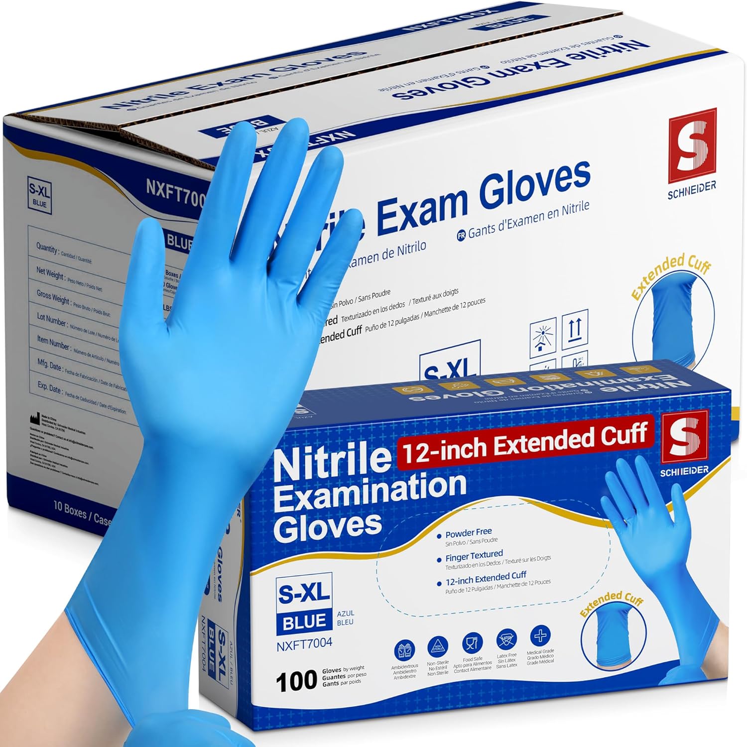 Schneider Nitrile Exam Gloves, Extended 12 Inches Cuff, Large, 4 mil, 1000-ct Box, Gloves Disposable Latex Free, Powder Free for Medical, Food Prep, Cleaning, Cooking, Blue