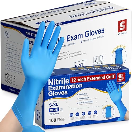 Miniatura 8 de Schneider Guantes de examen de nitrilo, puño extendido de 12 pulgadas, XL, caja de 50 unidades, 4 mil, guantes desechables sin látex, sin polvo para