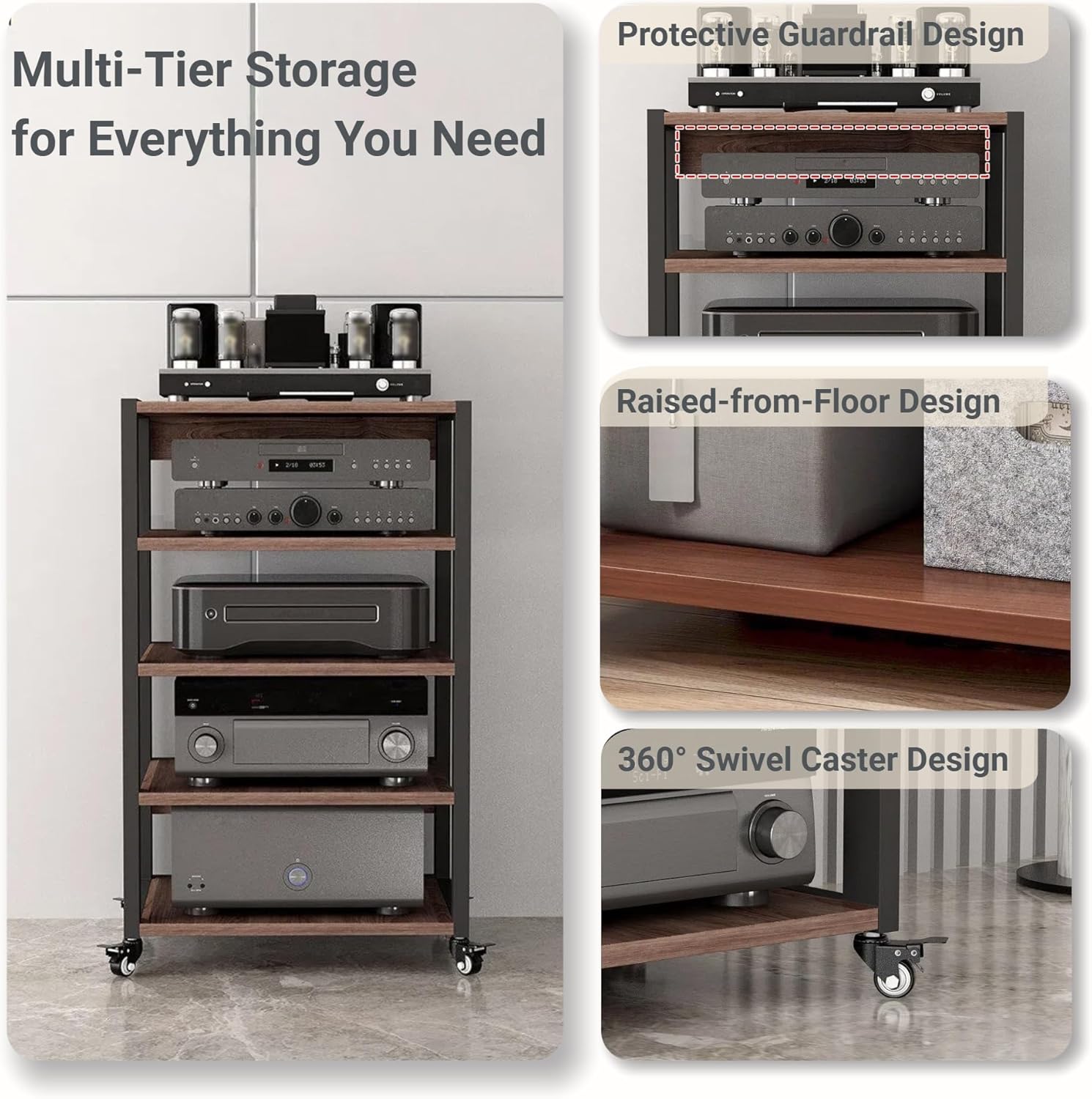 AV Media Stand with Wheels,2/3/4/5-Tier Wooden Stereo Stand,Audio Rack,Adjustable Audio-Video Shelving,Modern Stereo Cabinet Receiver Console Shelf,for Home,Office,Theater(4-tier 19.6x15.7x27.3in)