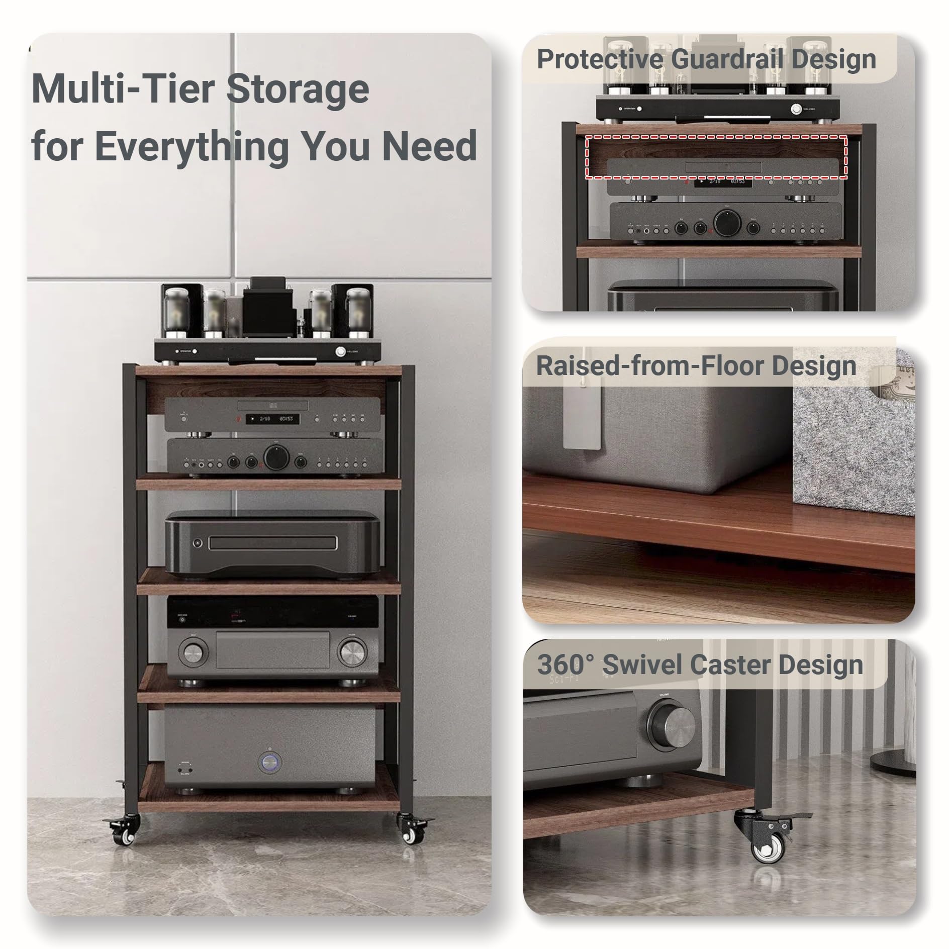 Stojak HiFi z kółkami, 4-poziomowa drewniana szafka AV, do gramofonu i konsoli do gier, regulowane półki, stojak na drukarkę, stylowa wieża do przechowywania (50 x 40 x 90 cm)