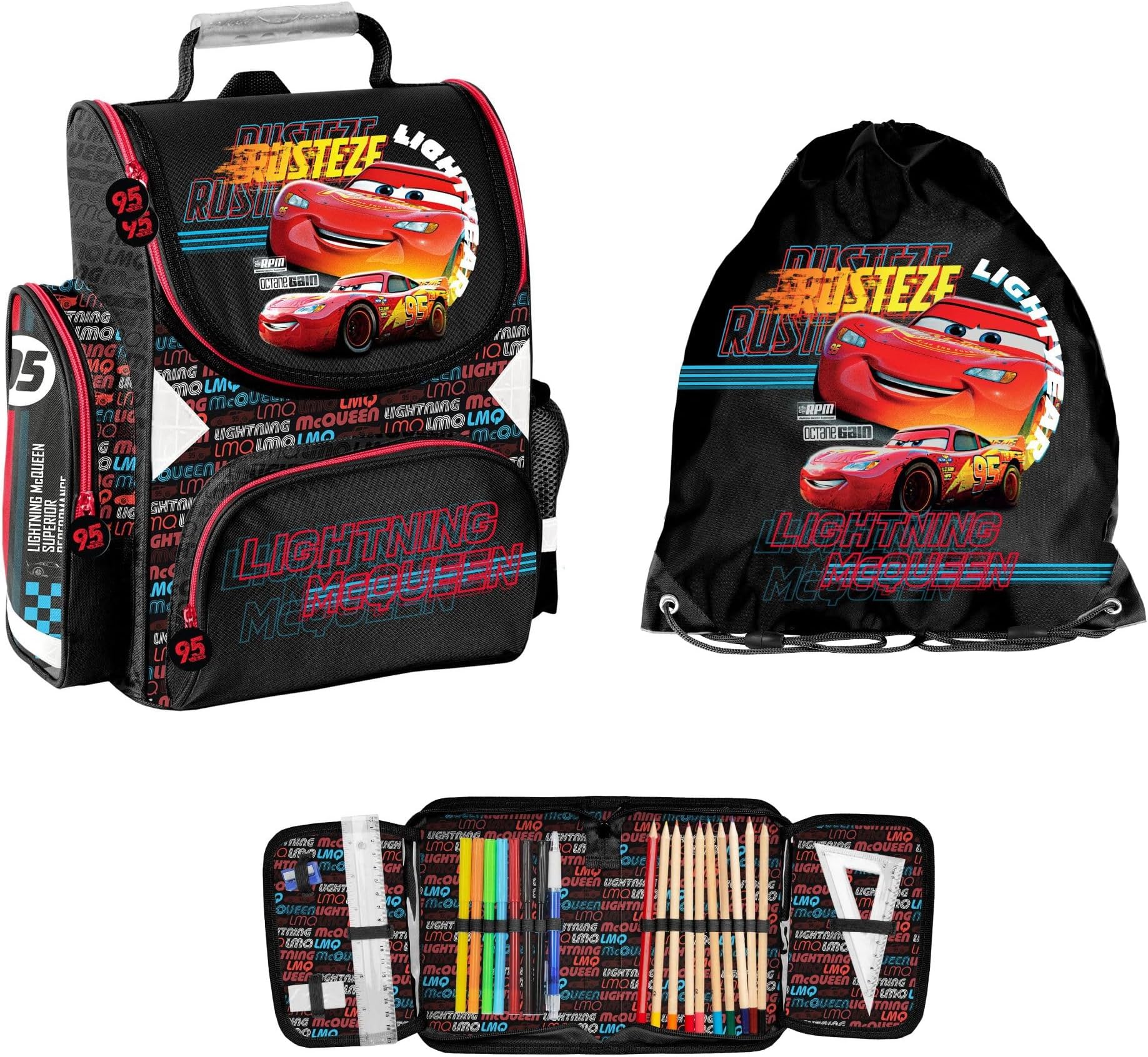 Paso Cars Rust-EZE 3-Piece School Set: School Bag + Gym Bag + Filled Pencil Case, black, 3 (EU), Classic