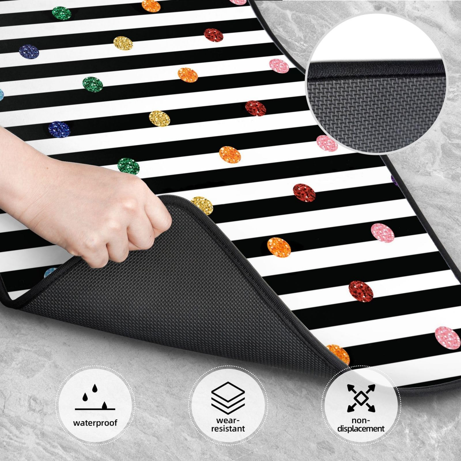 Regenbogenfarbener Polka-Dot-Streifen-Schwarzweißdruck, 4er-Set Auto-Fußmatten, Neopren-Fußmatten für Fahrzeuge, rutschfeste Auto-Fußmatten, Autozubehör