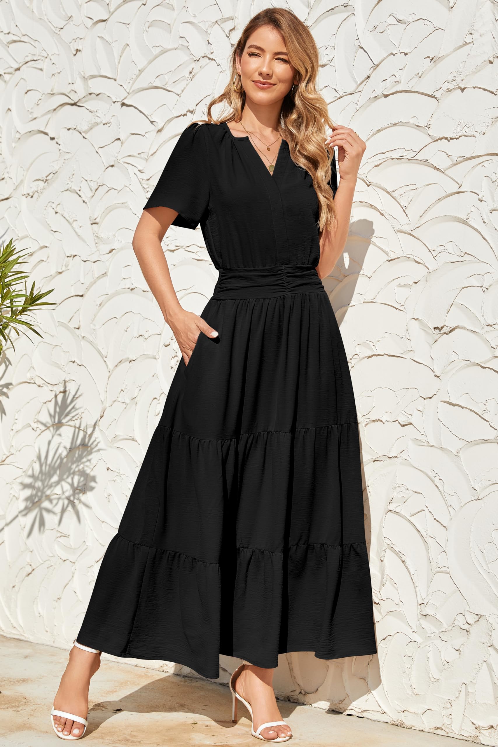 Robe midi maxi pour femme - Manches courtes - Col en V - Taille élastique - Robe de plage bohème - Robe longue fluide pour les invités de mariage
