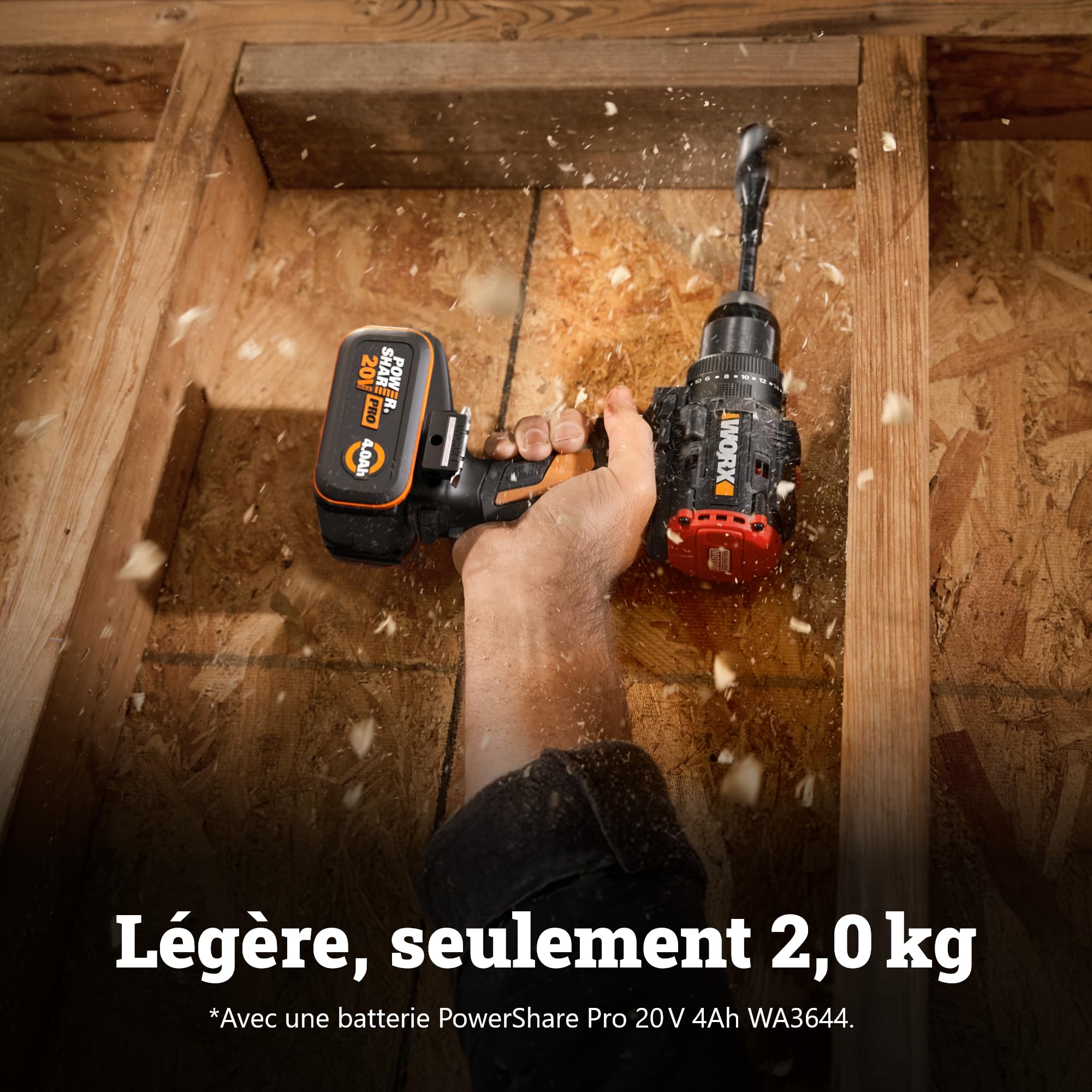 WORX Perceuse-visseuse à percussion sans fil 20V WX356, couple max de 85 Nm, moteur brushless, design compact, éclairage led intégré, livrée avec 2 batteries, chargeur, poignée auxiliaire, etc