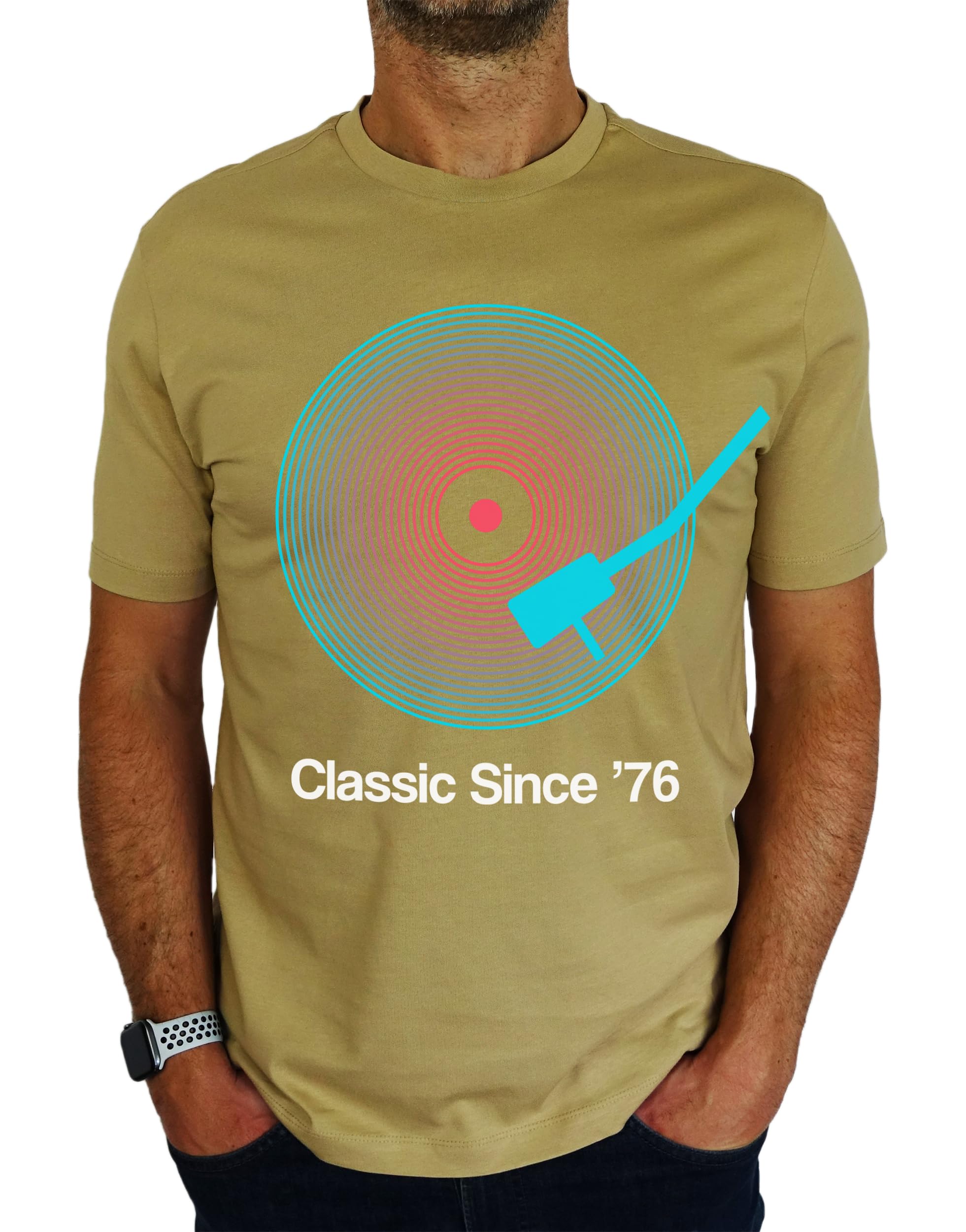 My Generation Gifts Men's Desert Sand 1976 Vinyl Record Neon - Classic Since - 50Th Birthday Gift | Present T-Shirt M