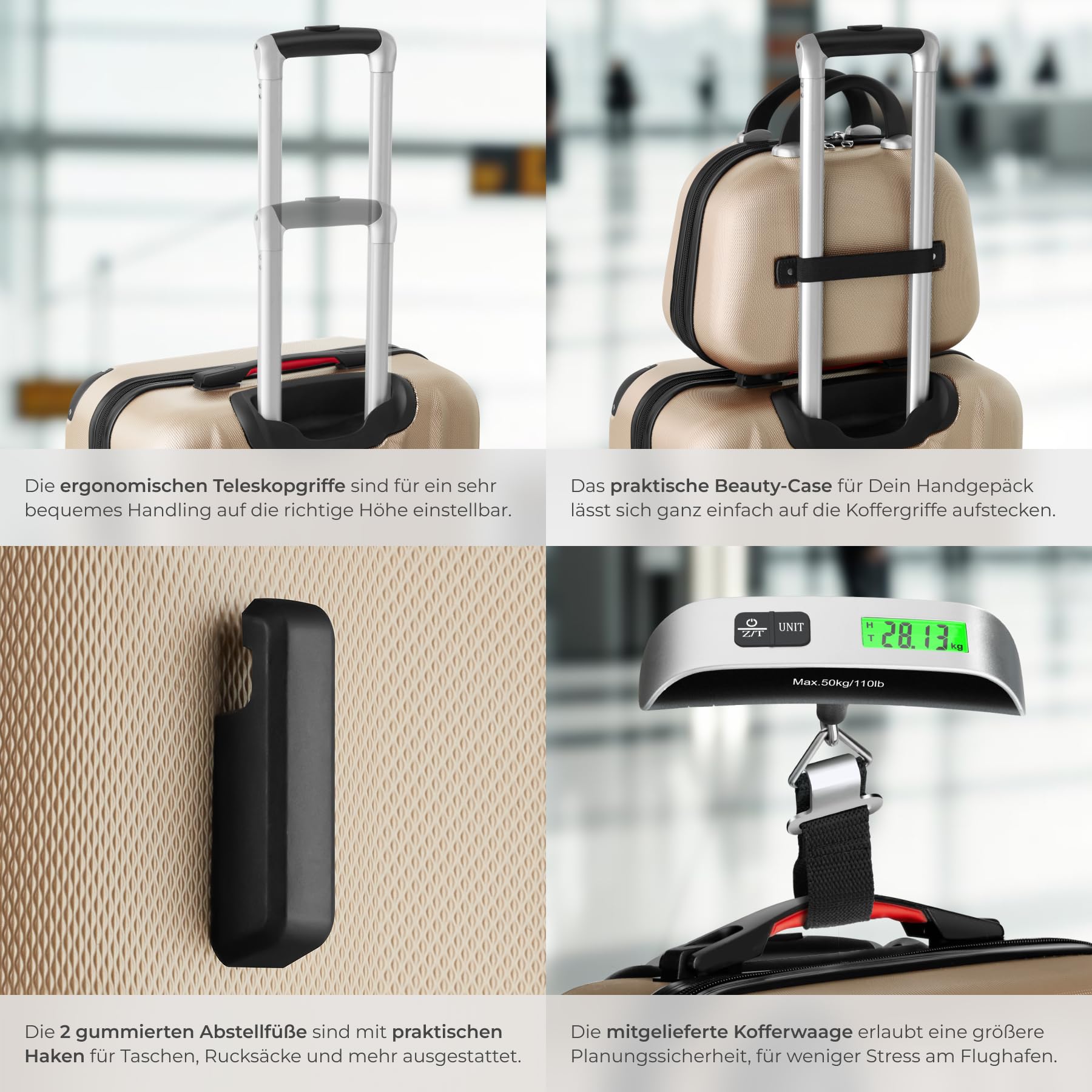 tectake® 4-teiliges Reisekoffer Kofferset inkl. Kofferwaage und Gepäckanhänger, 360° Rollen, Hartschalenkoffer mit Zahlenschloss, Koffer groß, ineinander stapelbar, Trolley Handgepäck - Champagner