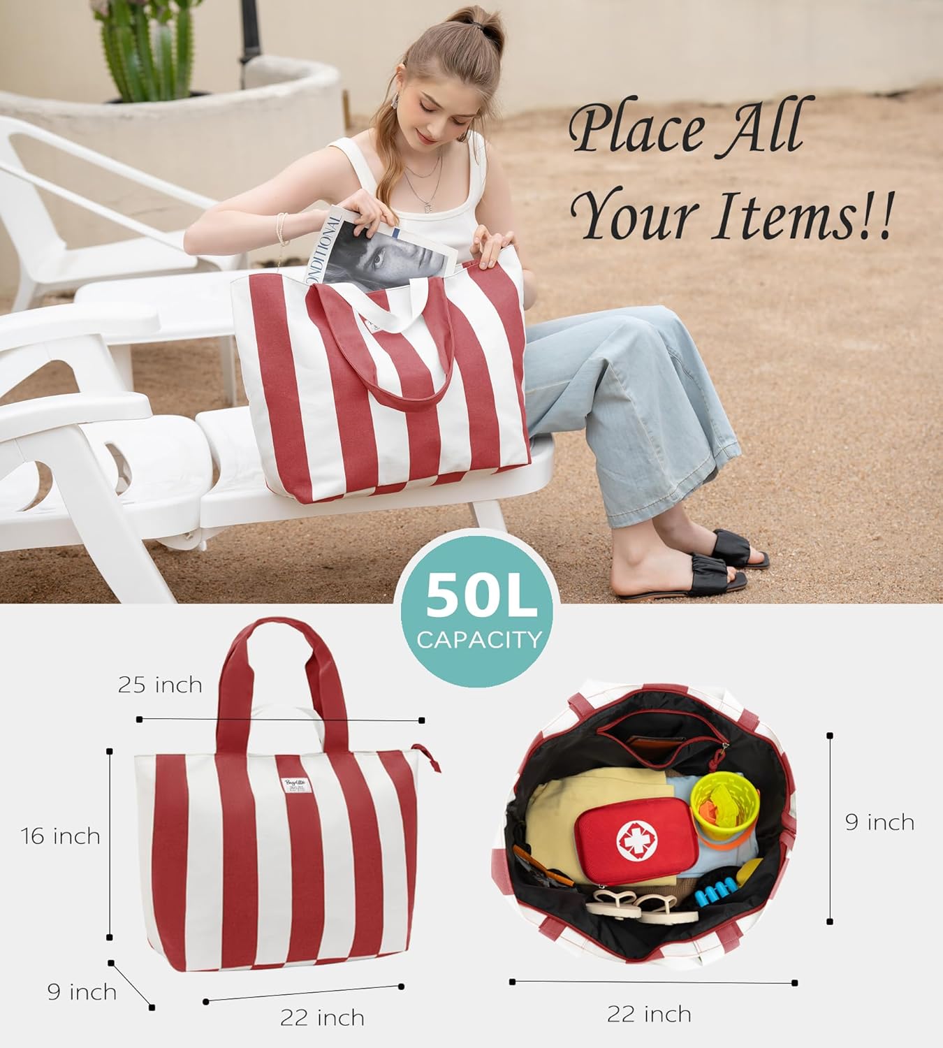 Bagelite 22'' 50L Large Beach Bag with Zipper, Extra Large Canvas Tote Bag for Women, Weekender Pool Bag