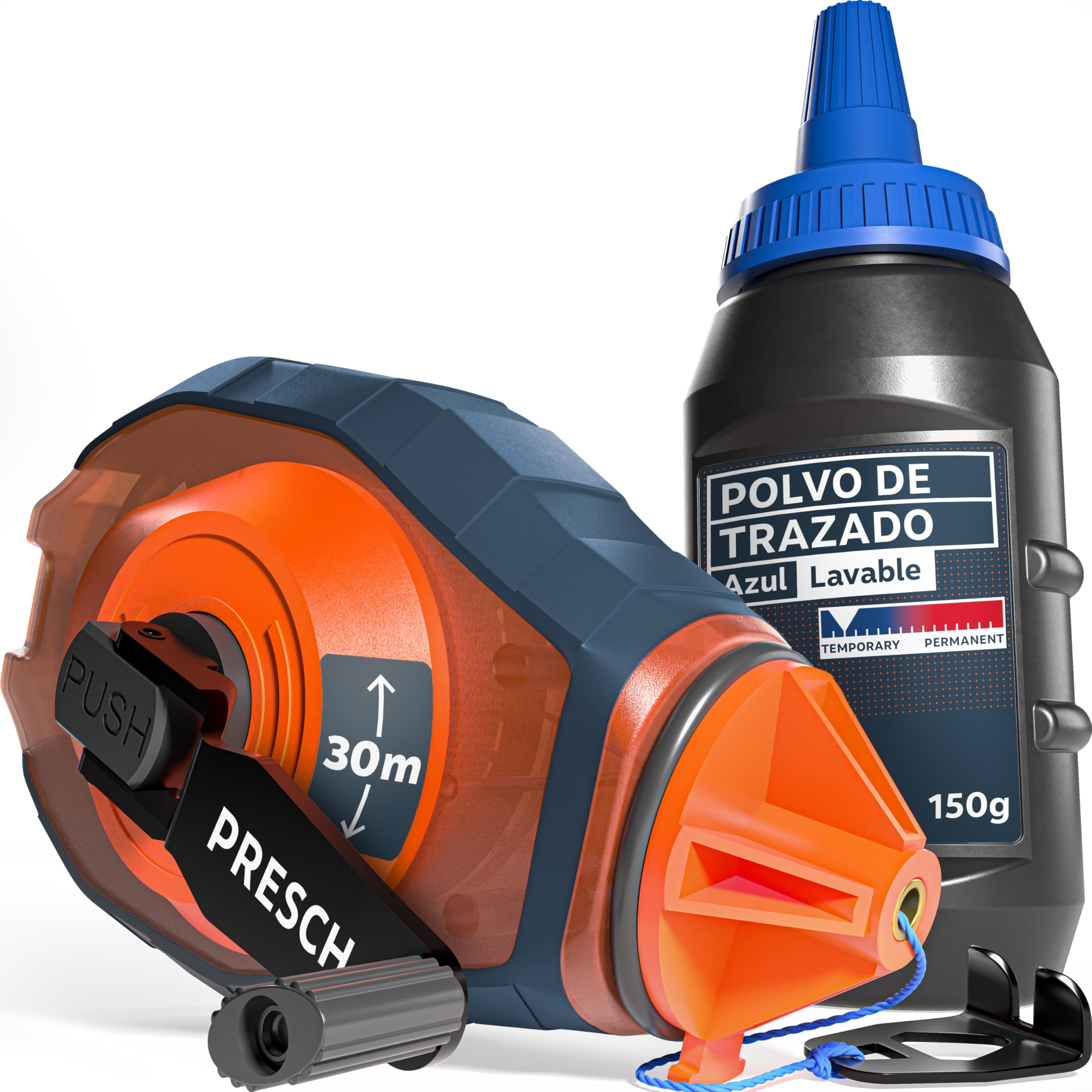 PRESCH Tiralineas de 30m incl. tiza azul (150g) - Rápida retracción gracias al engranaje 6:1 - Fácil de limpiar para marcas temporales - Cordón robusto para líneas precisas