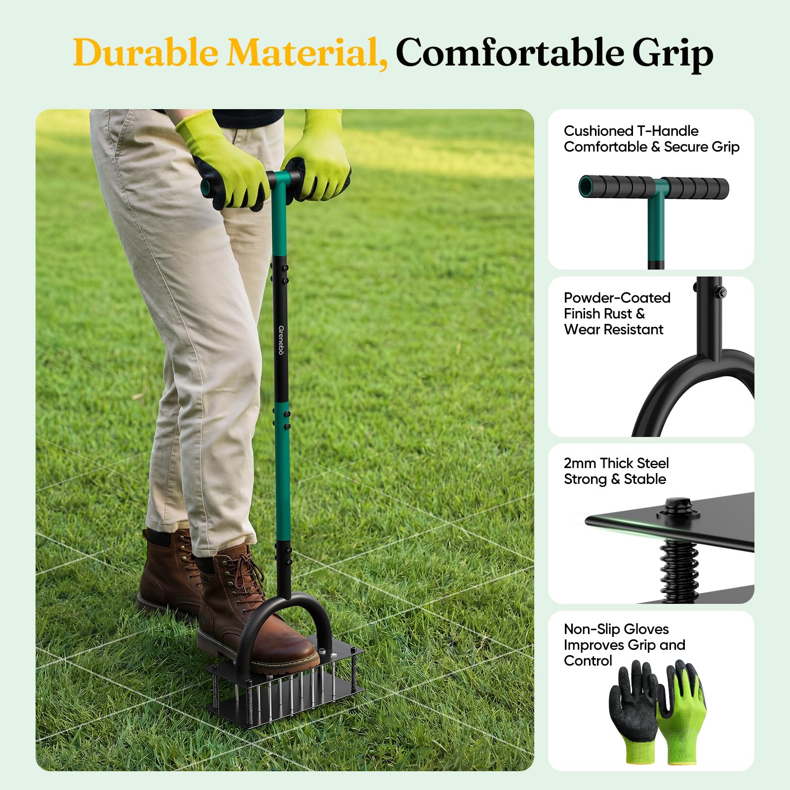 Grenebo Aeratore manuale per prato con 16 punte, aeratore in metallo per cortile, aerazione del prato, espulsione automatica del terreno, strumento aeratore per prato preassemblato (verde)