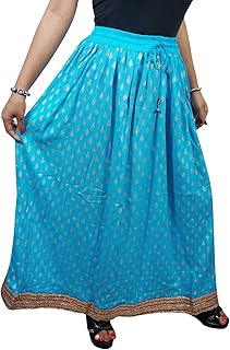 Mogul Interior Women's Blue Long Skirt A-Line Blue Rayon Summer Holiday Skirts